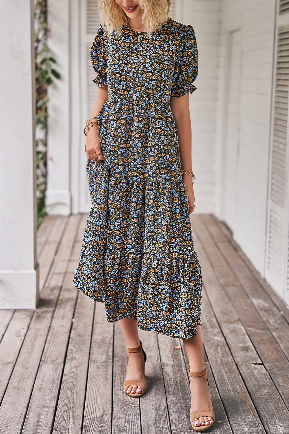 PRETTYGARDEN Summer Dresses for Women Casual Floral Boho Midi Sun Dress Puff Short Sleeve Flowy Beach Vacation Sundress