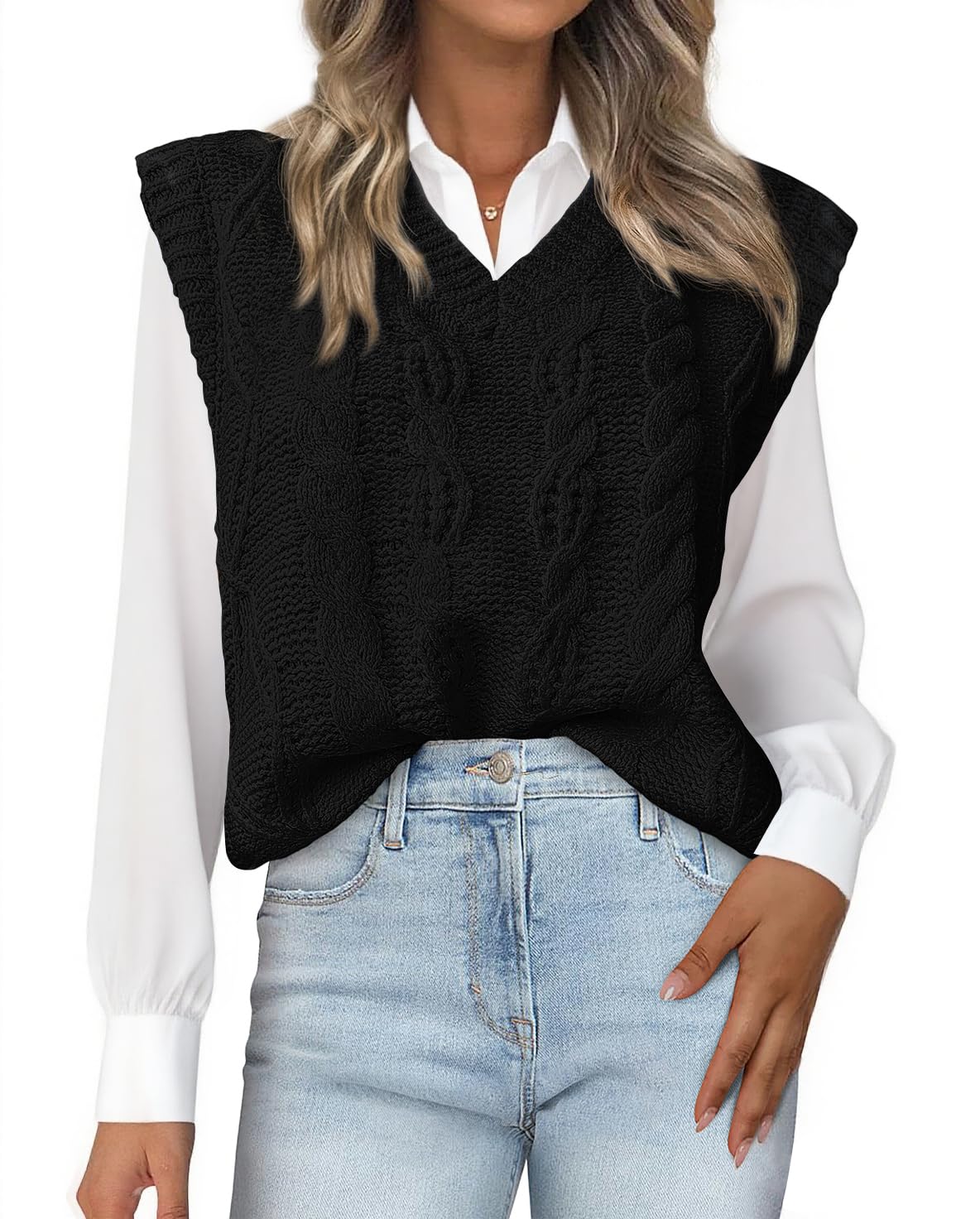 FreshPretty Sweater Vest Women Oversized V Neck Cable Knit Casual Pullover Sweaters Fall Outfits Sleeveless Tops