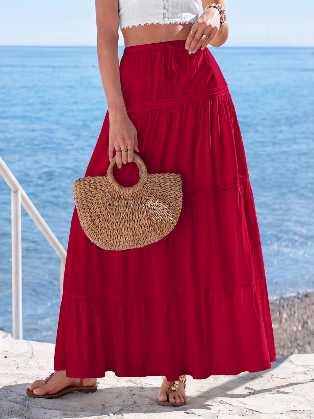 BTFBM Spring Skirts for Women Summer Boho Beach Vacation Clothes Casual Pleated High Waisted Flowy Maxi Skirt