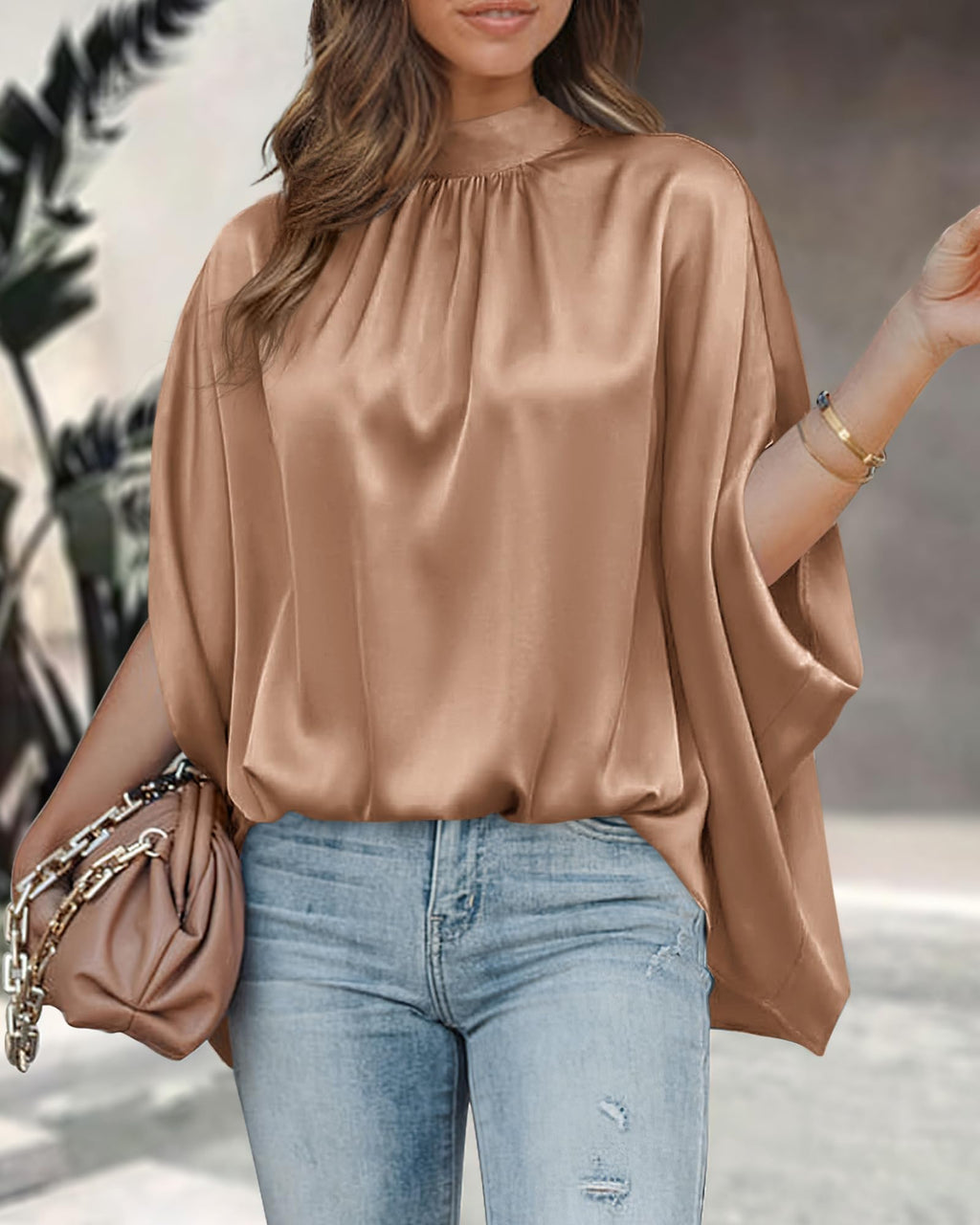 BTFBM Womens Summer Tops Mock Neck Batwing Sleeve Silk Satin Shirts Loose Oversized Dressy Casual Spring Blouses