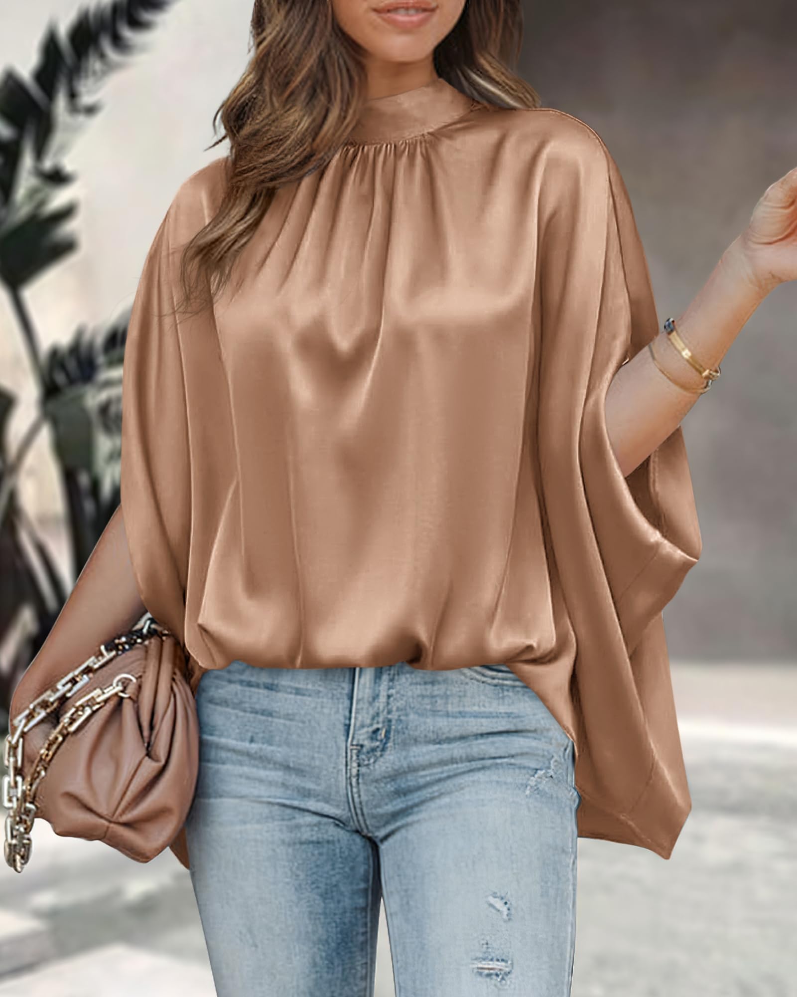 BTFBM Womens Summer Tops Mock Neck Batwing Sleeve Silk Satin Shirts Loose Oversized Dressy Casual Spring Blouses