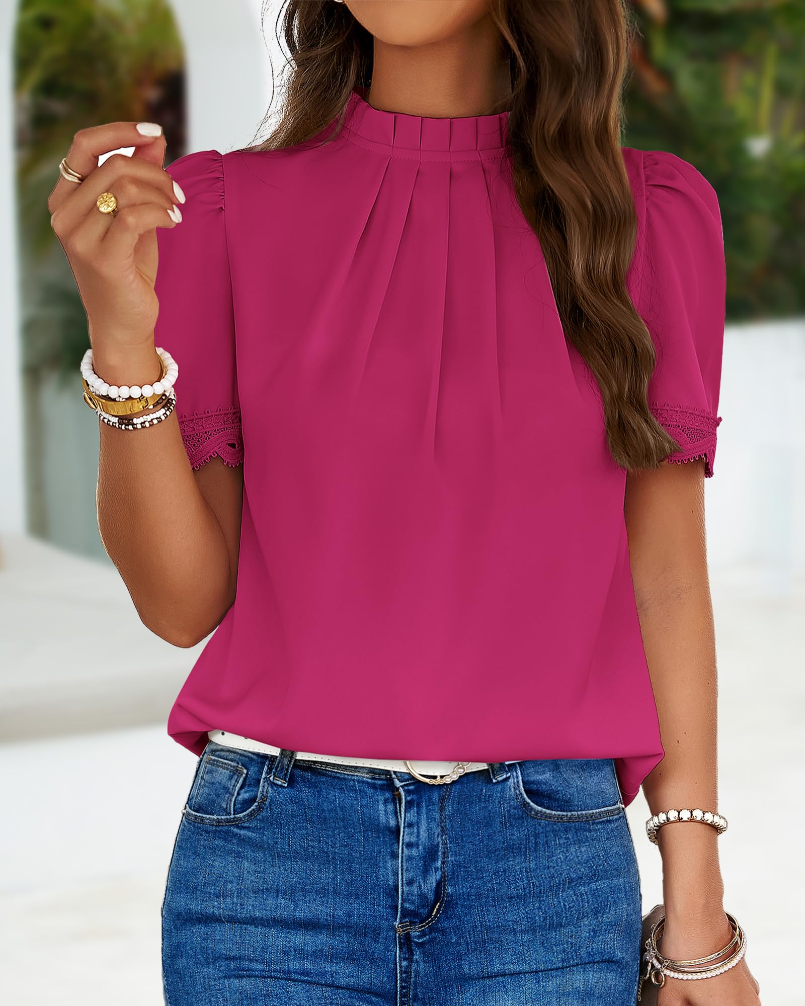 FreshPretty Women's Dressy Casual Blouses Business Work Tops Lace Trim Short Sleeve Office Shirts Summer Spring Outfits