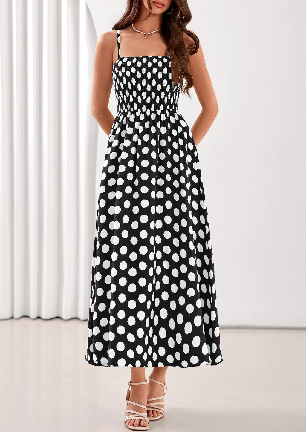 PRETTYGARDEN Womens Polka Dot Dress Summer Sleeveless Spaghetti Straps Smocked Sun Dress Flowy Spring Beach Midi Dresses