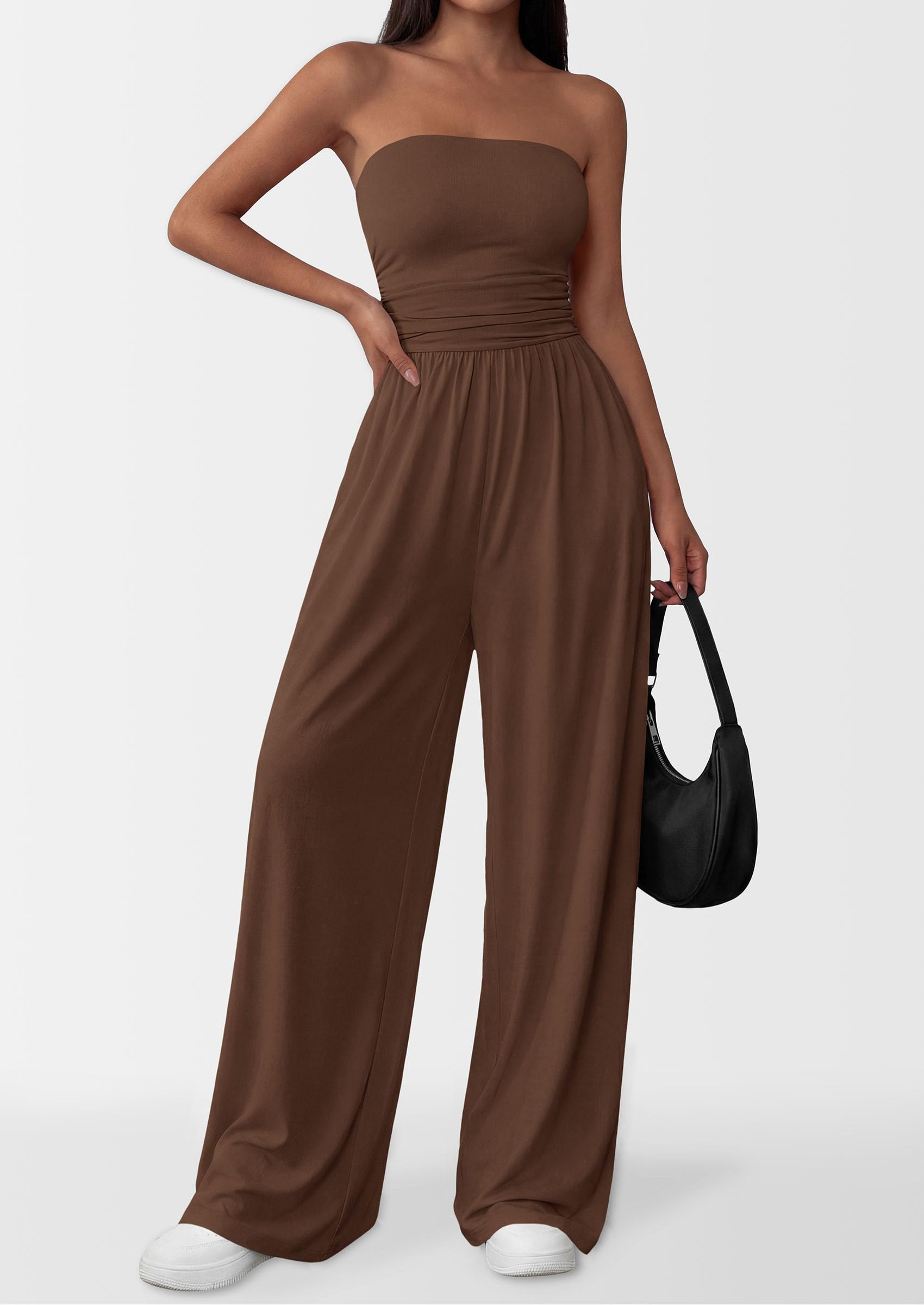 PRETTYGARDEN Womens Trendy Strapless Rompers Ruched Tube Top Wide Leg One Piece Jumpsuits Beach Vacation Summer Outfits