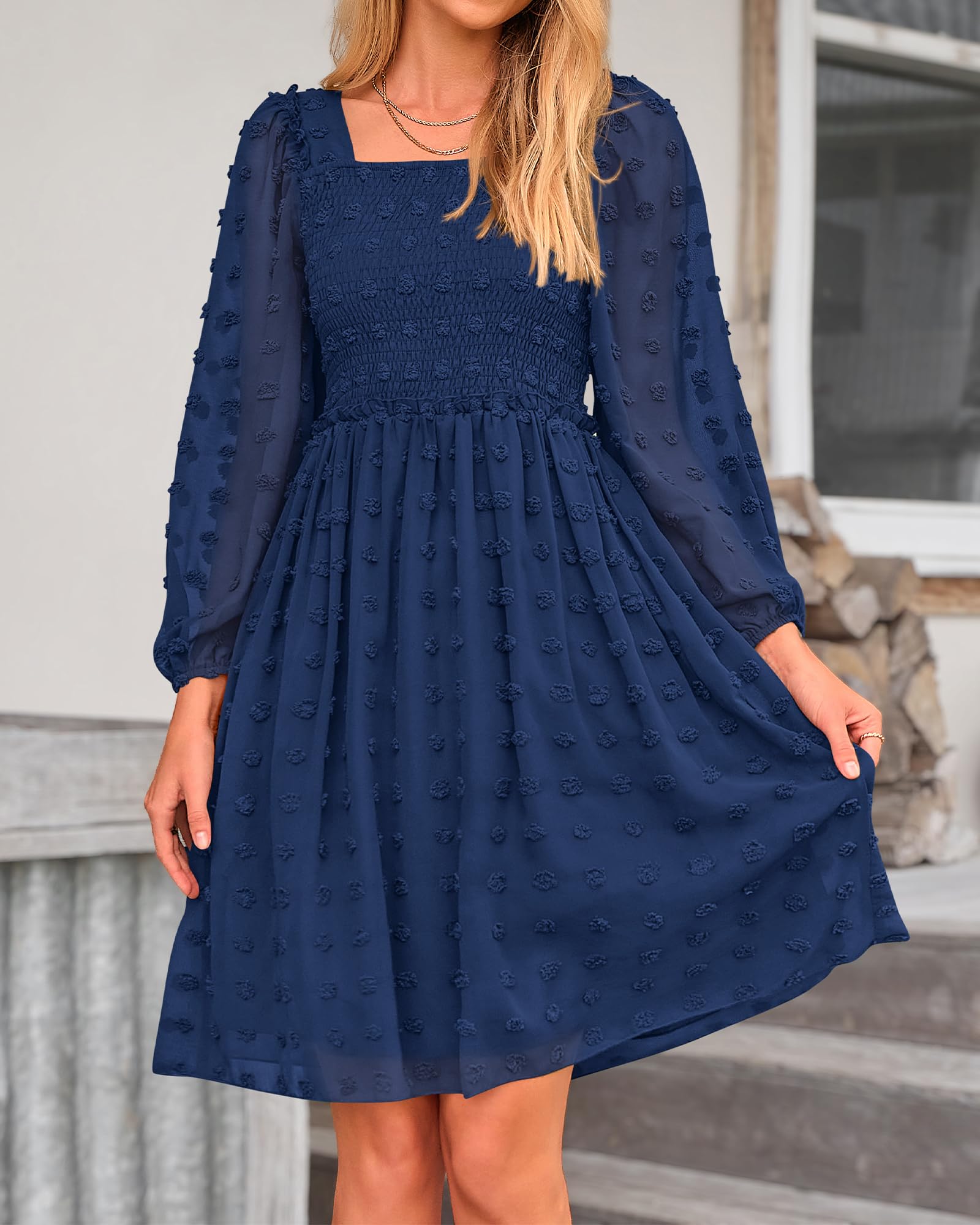 BTFBM Womens Long Sleeve Dress Summer Vacation Square Neck Smocked Floral Mini Boho Spring Wedding Guest Dresses