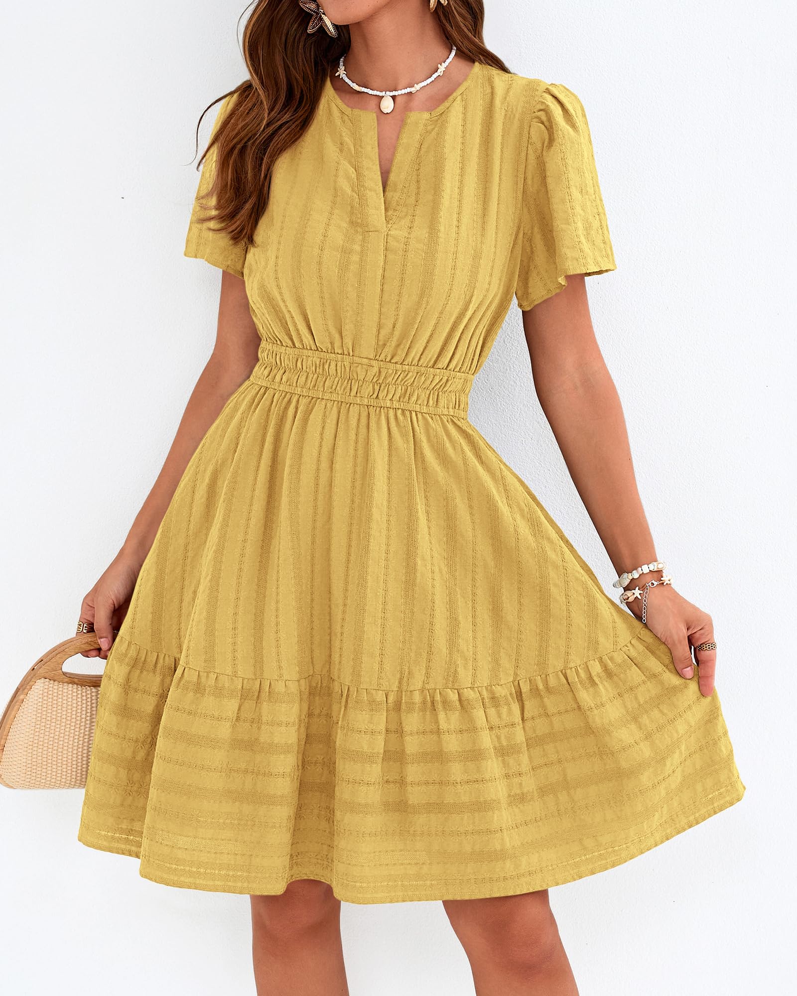 BTFBM Womens Spring  Casual Mini Dresses Lightweight Short Sleeve V Neck Elastic Waist Cute Boho Beach Dress Pockets