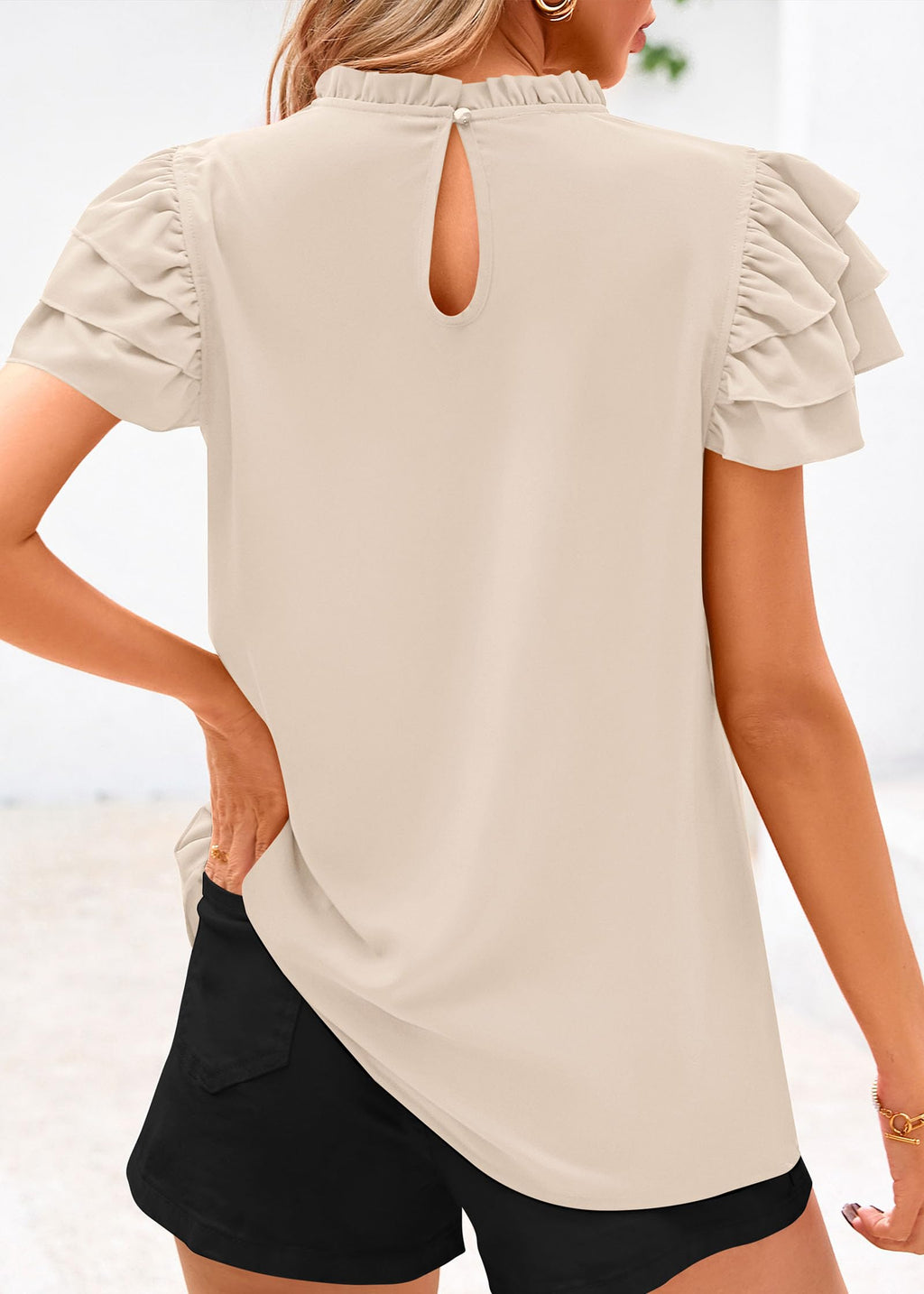 FreshPretty Blouses for Women Dressy Casual Spring Summer Ruffle Short Sleeve Mock Neck Work Shirts Tops Fashion Clothing