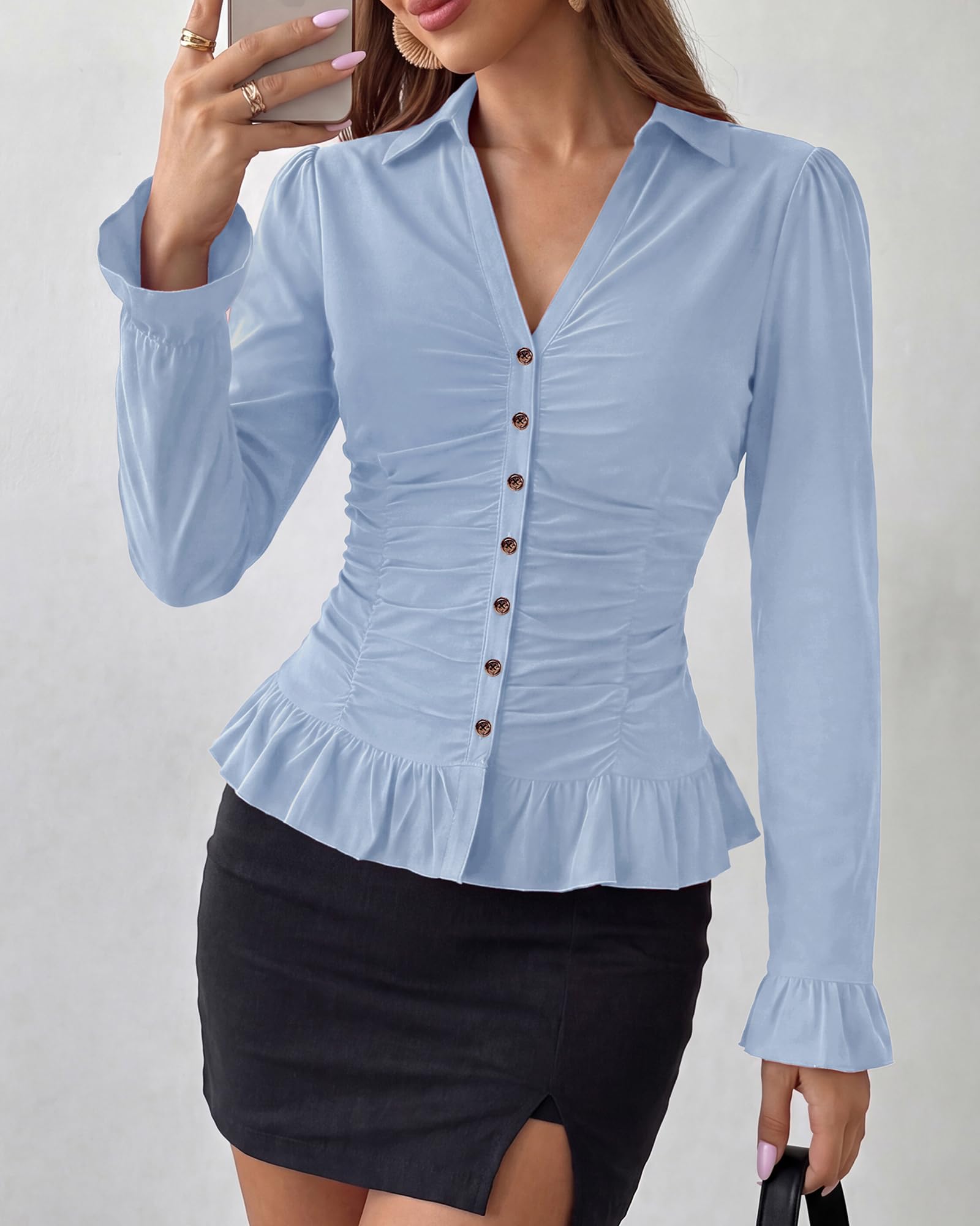 BTFBM Fitted Button Down Shirts for Women Dressy Casual Tops Collar V Neck Long Sleeve Ruched Tops, Stretchy Ruffle Blouses, Fall Fashion Clothing, Work Date Night Going Out Outfits