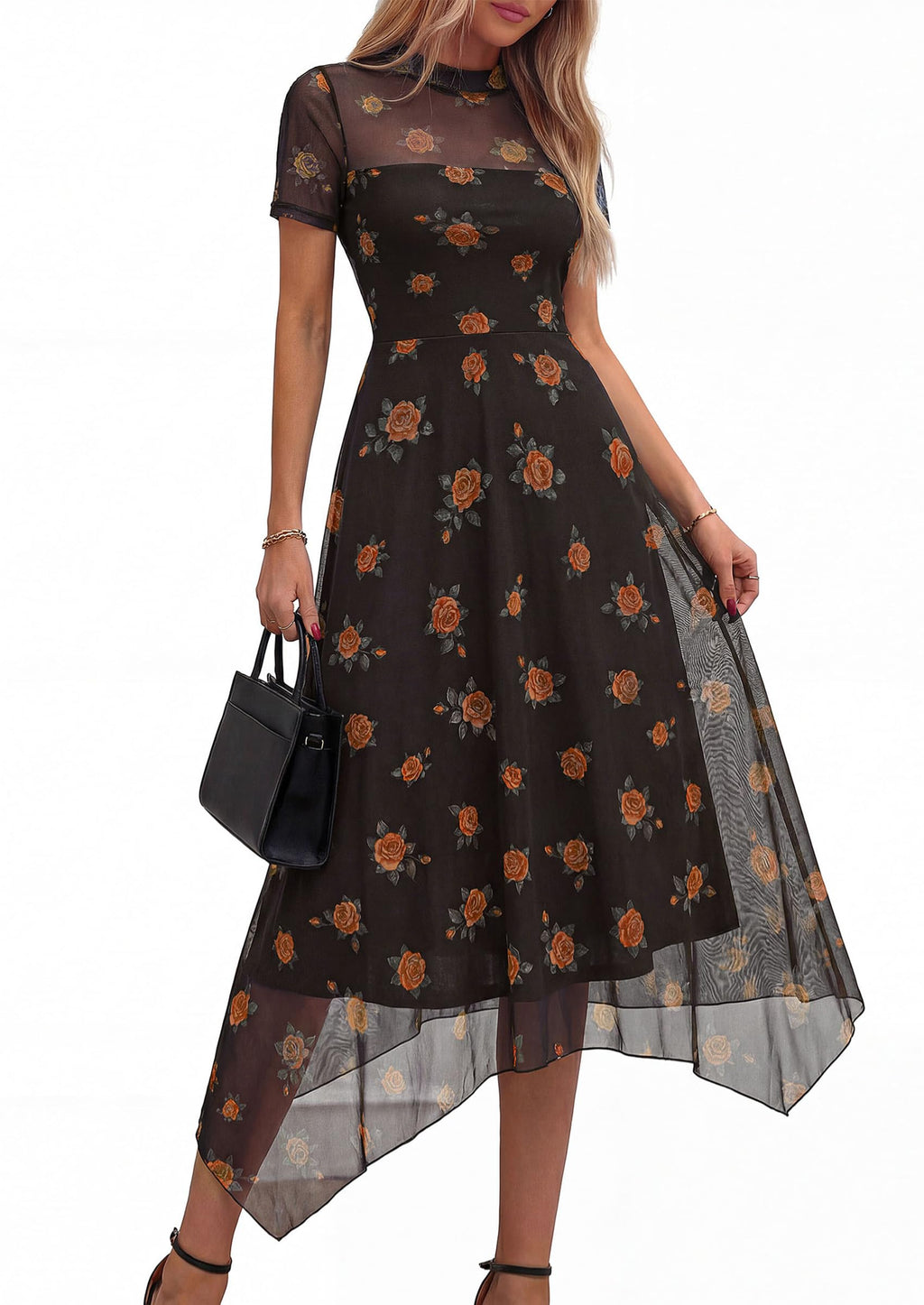 PRETTYGARDEN Cocktail Dresses for Women  Summer Short Sleeve Floral Mesh Sheer Midi Party Wedding Guest Dress