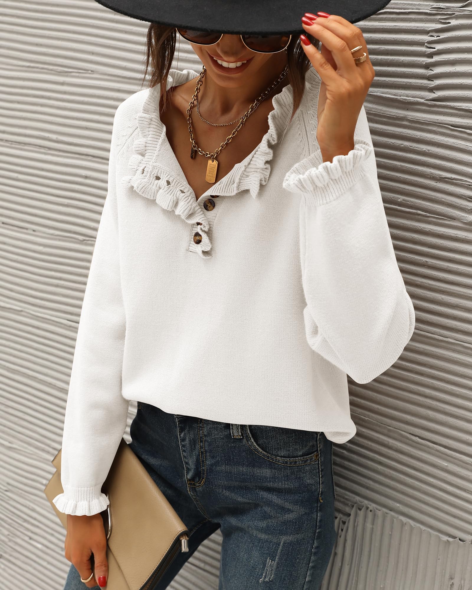 FreshPretty Womens Sweaters Fall Winter Clothes Long Sleeve Button Down Ruffle Crew Neck Casual Knitted Pullover Tops