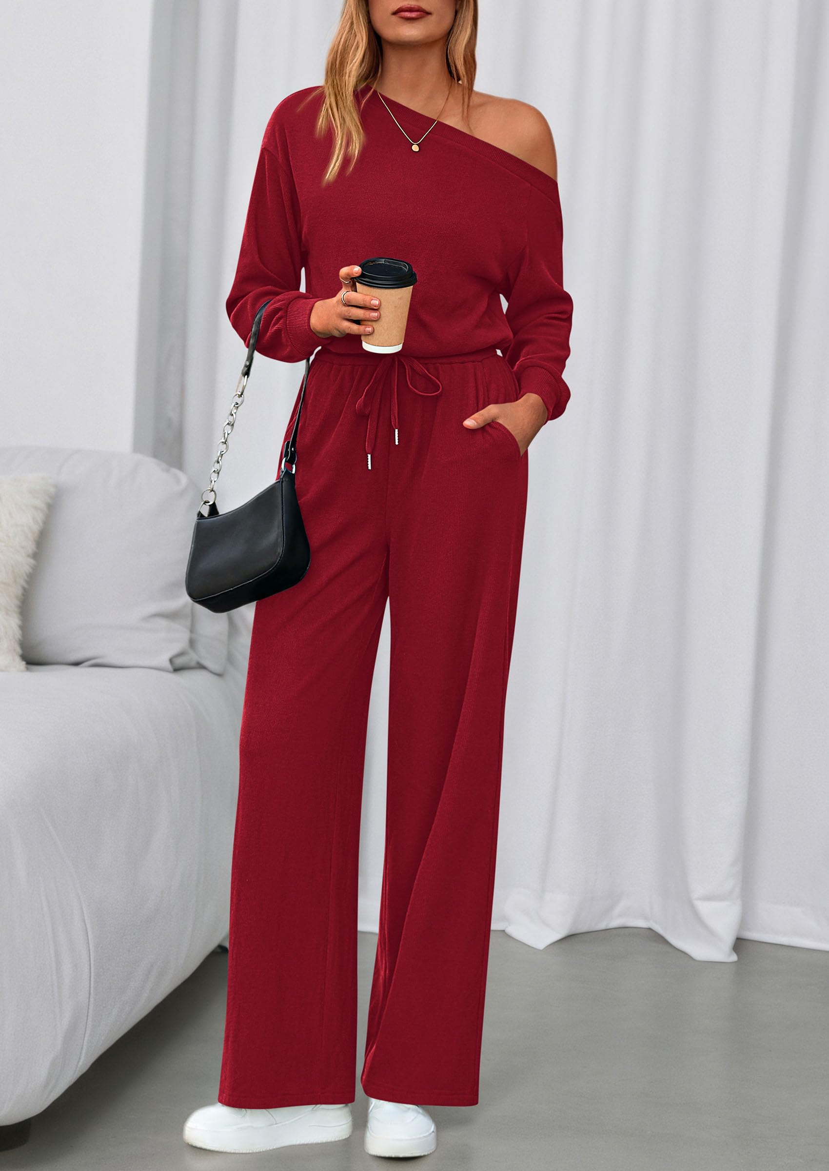 PRETTYGARDEN Long Sleeve Jumpsuit For Women Dressy Off Shoulder One Piece Loose Wide Leg Jumpsuits Casual Flowy Romper