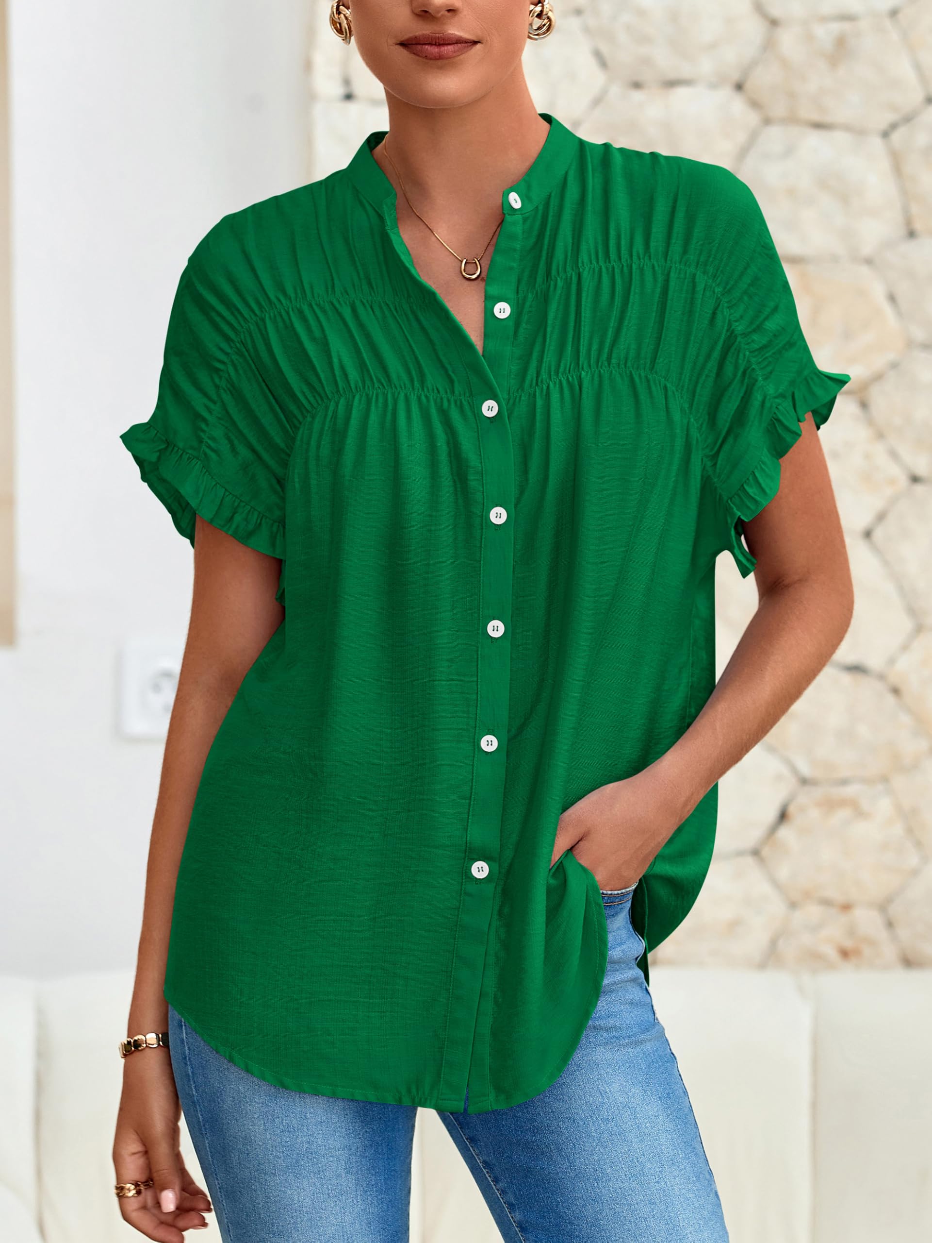 FreshPretty Womens Button Down Shirts Ruffle Short Sleeve Loose Summer Tops Dressy Casual V Neck Business Work Blouses