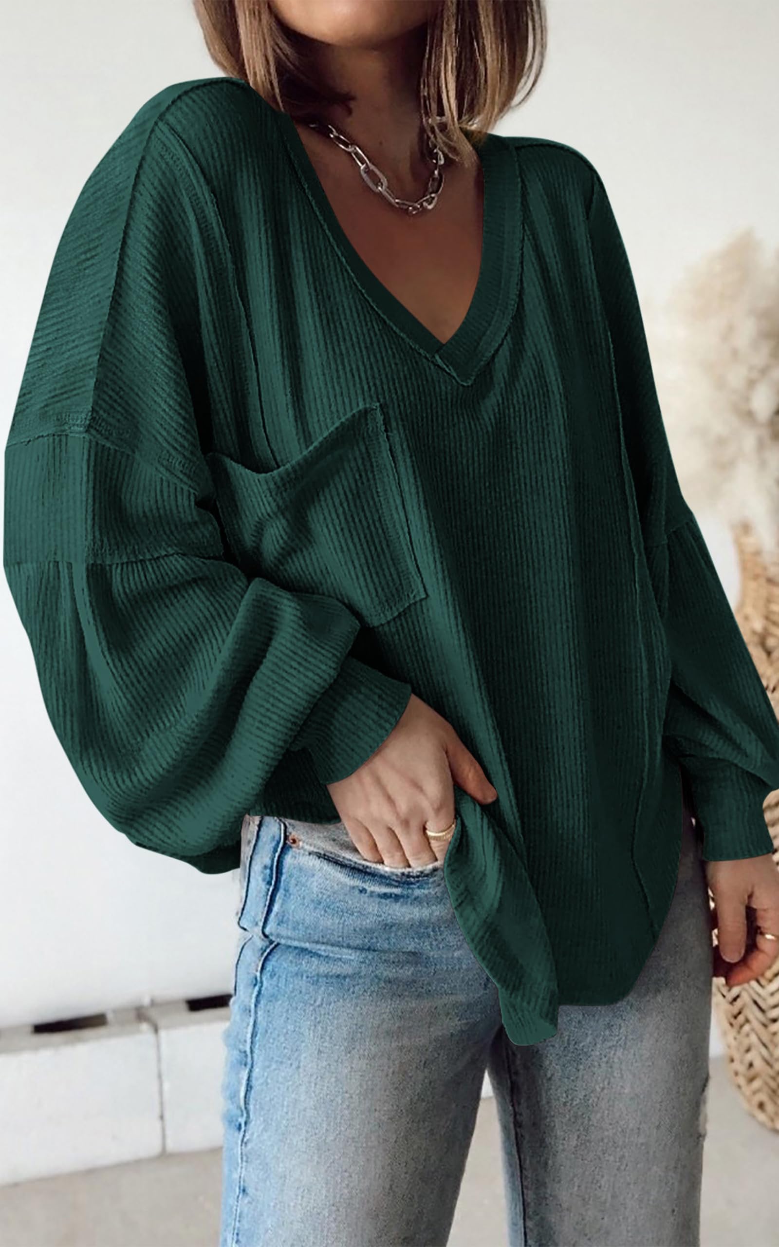 FreshPretty Womens Fall Fashion Long Sleeve Shirts Casual V Neck Ribbed Knit Blouses Pullover Trendy Loose Fit Tunic Tops