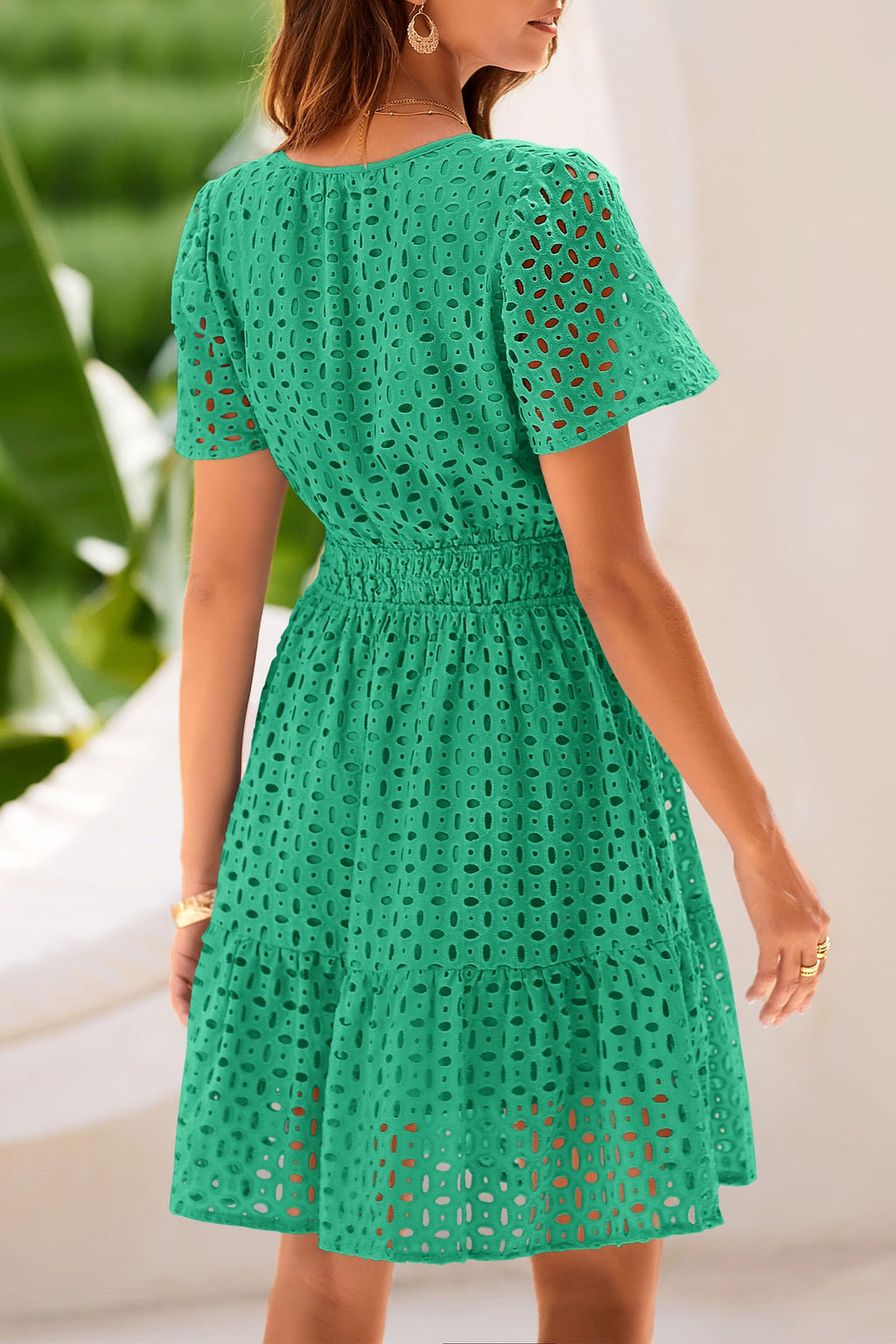PRETTYGARDEN Womens Summer Short Dress V Neck Short Sleeve A Line Hollow Out Lace Ruffle Cute Casual Beach Party Dresses