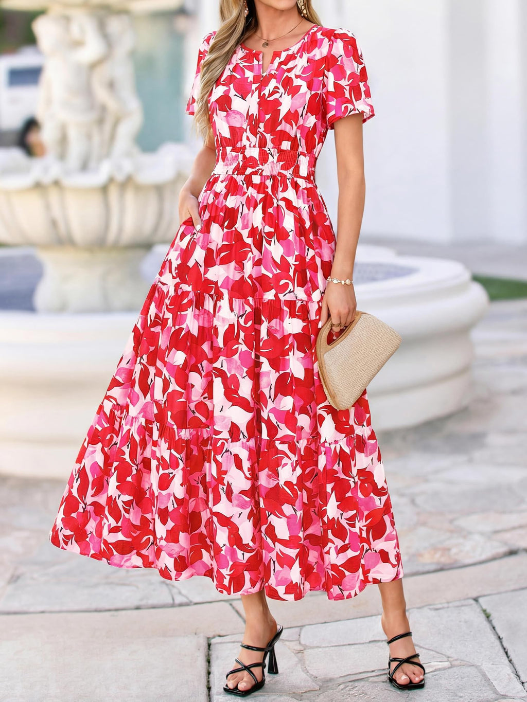 BTFBM Womens Summer Floral Maxi Dresses V Neck Short Sleeve Boho Casual Flowy Long Wedding Guest Dress Beach Vacation