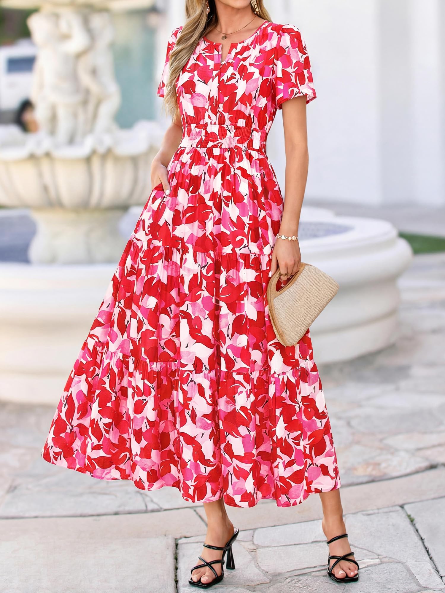 BTFBM Womens Summer Floral Maxi Dresses V Neck Short Sleeve Boho Casual Flowy Long Wedding Guest Dress Beach Vacation