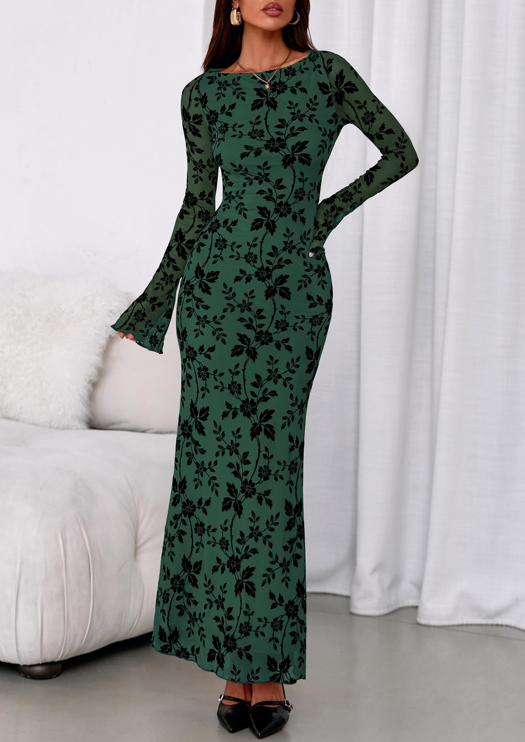 PRETTYGARDEN Women's Floral Bodycon Maxi Dress Fall Elegant Mesh Long Sleeve Formal Wedding Guest Cocktail Dresses