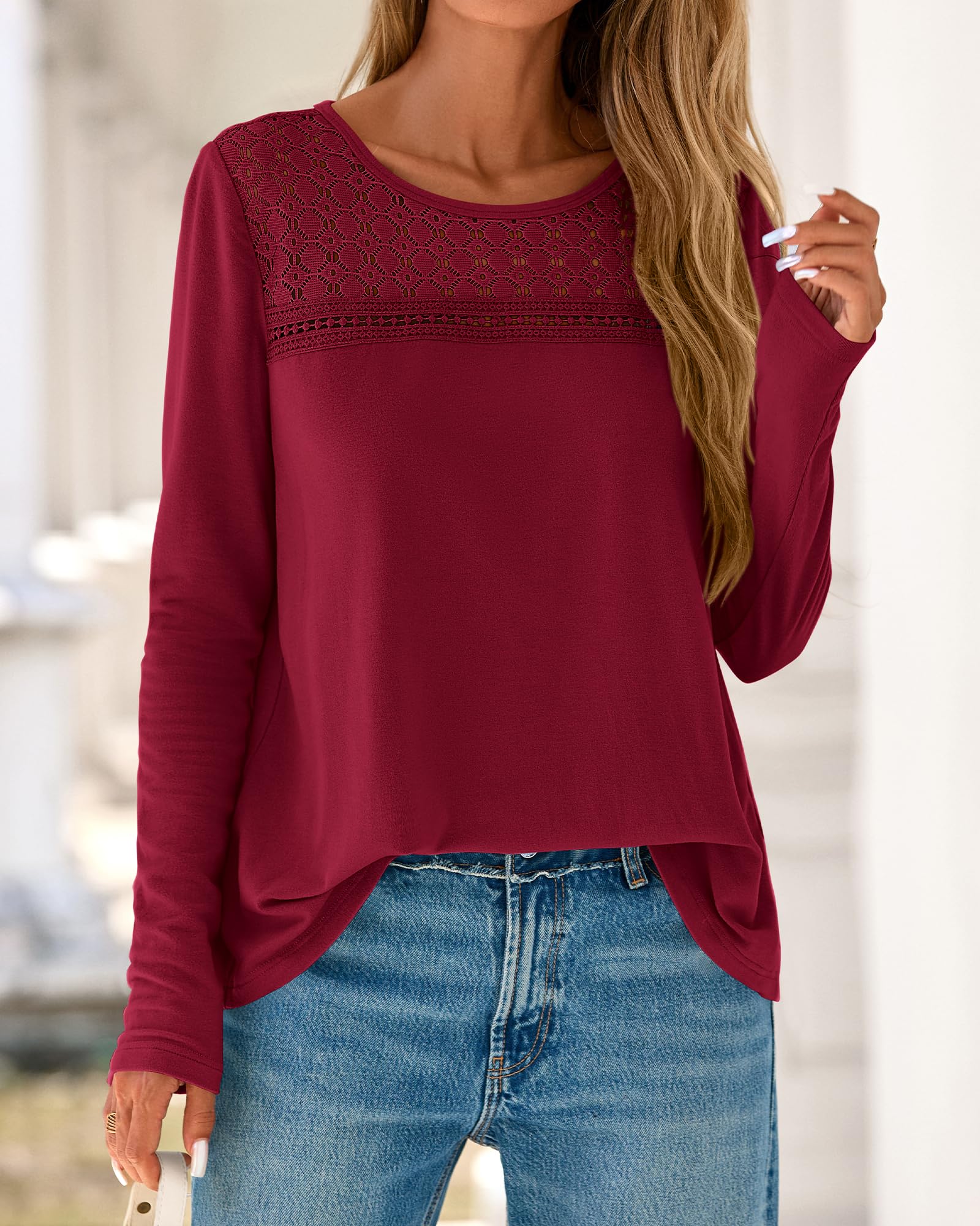 FreshPretty Lace Long Sleeve Shirts Womens Tops Dressy Casual Knit Boho Lightweight Blouses Winter Clothing Fall Fashion