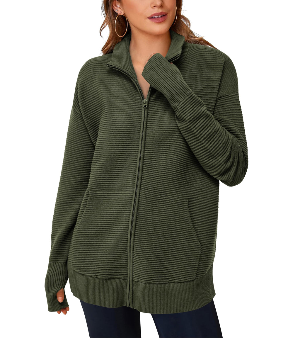 PRETTYGARDEN Womens Fall Long Sleeve Zip Up Cardigan Sweaters Casual Loose Collared Ribbed Knit Tops Jackets Thumb Hole