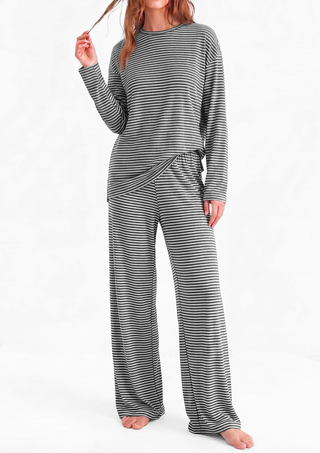 PRETTYGARDEN Womens Striped Lounge Set Fall Winter 2 Piece Sets Side Slit Long Sleeve T-Shirts & Wide Leg Pants, Matching Pajama Sets, Comfy Pj Set, Loungewear with Pockets, Fashion Clothes