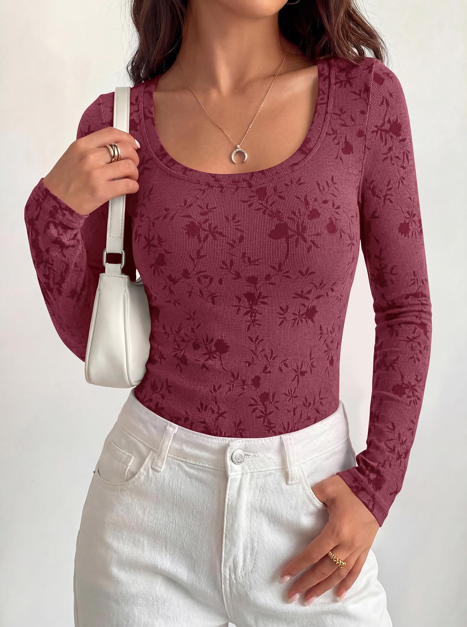 BTFBM Women's Long Sleeve Scoop Neck Shirts Floral Tops | Casual Women Fall Clothes, Ribbed Slim Fitted T-Shirts, y2k Fashion Clothing, Concert Going Out Top, Club Date Night Outfits