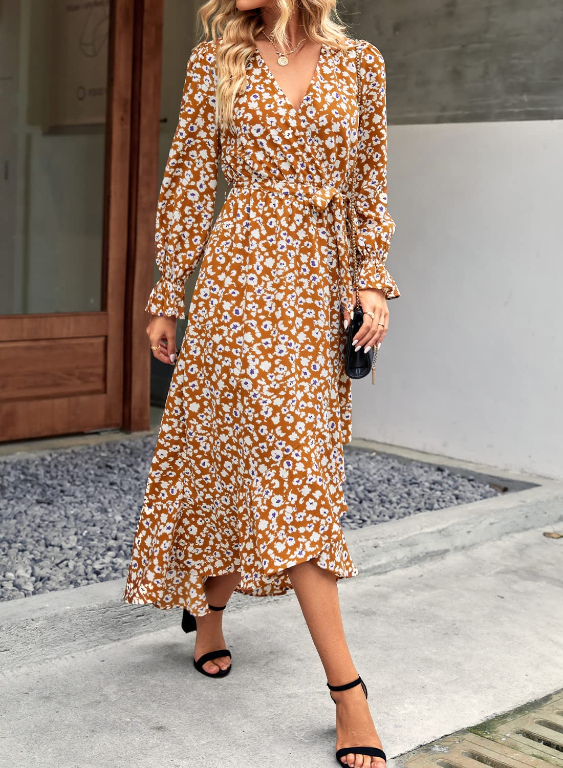 BTFBM Womens Dresses Summer V Neck Floral High Waist Ruffle Wedding Guest Cocktail Boho Spring Long Sleeve Dress