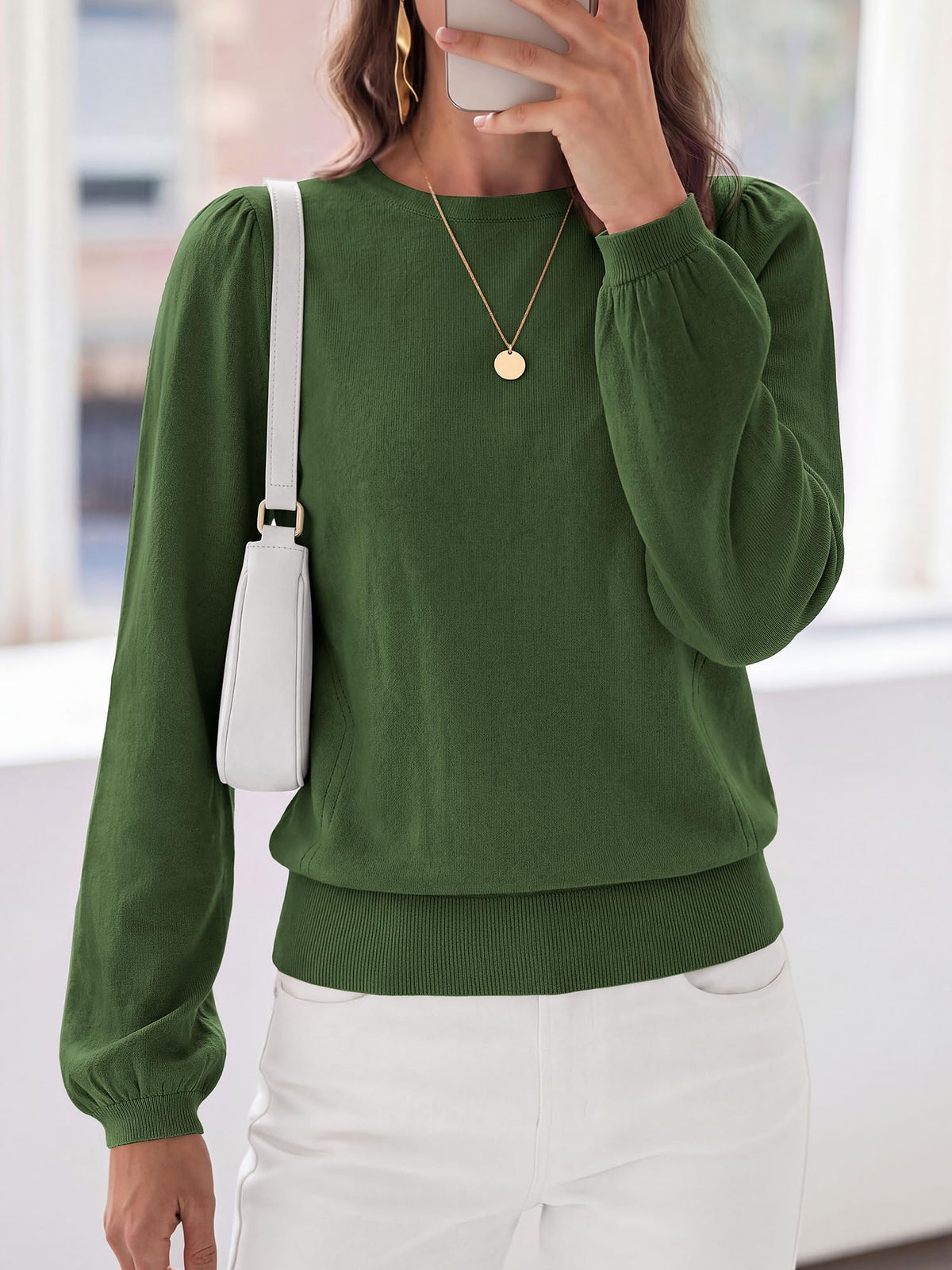 FreshPretty Womens Sweaters Lightweight Puff Sleeve Knit Tops,Soft Knitted Pullover Top,Crew Neck Basic Tunic Shirts,Ribbed Hem,Fall Fashion Dressy Casual Work Office Blouses