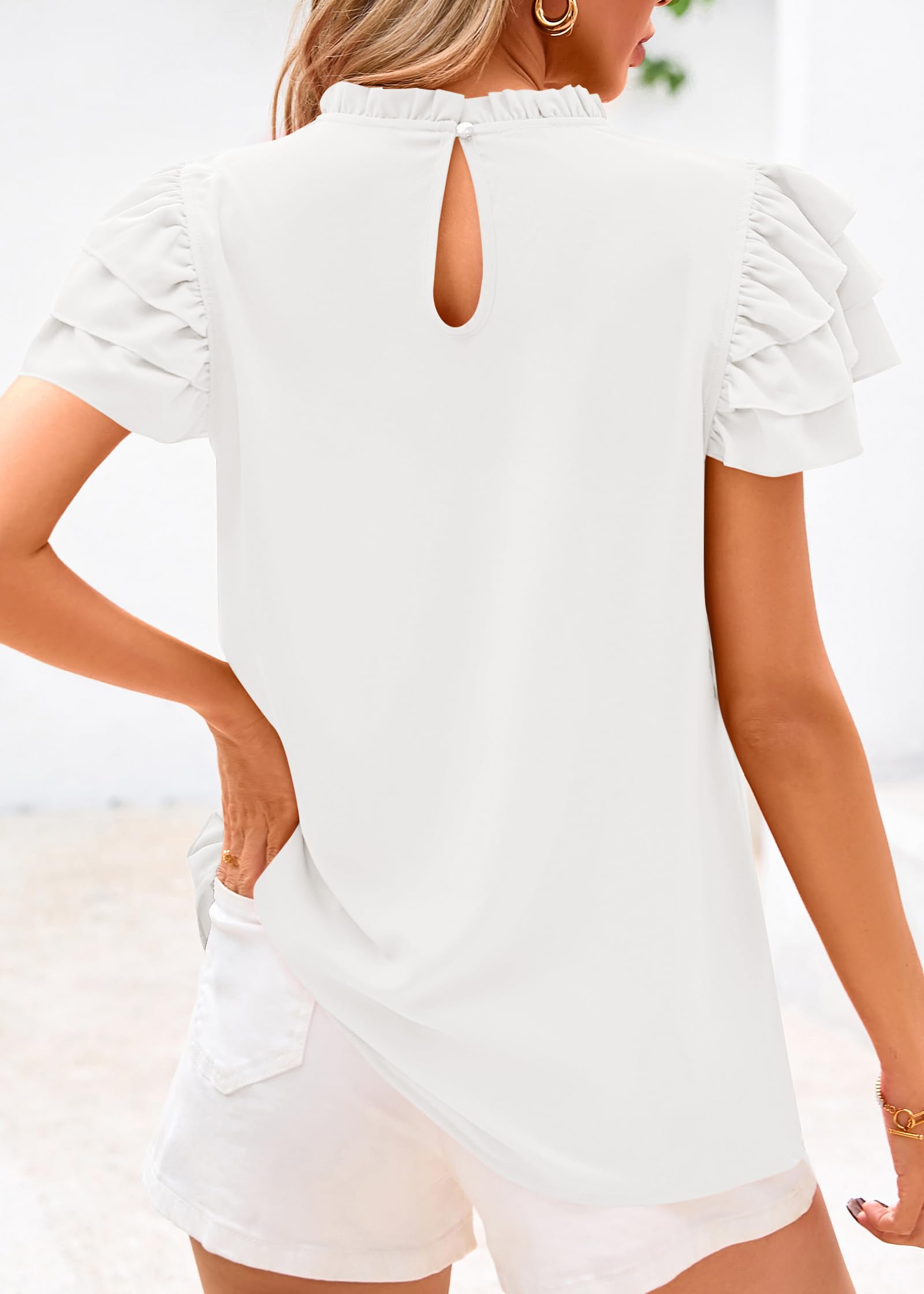 FreshPretty Blouses for Women Dressy Casual Spring Summer Ruffle Short Sleeve Mock Neck Work Shirts Tops Fashion Clothing