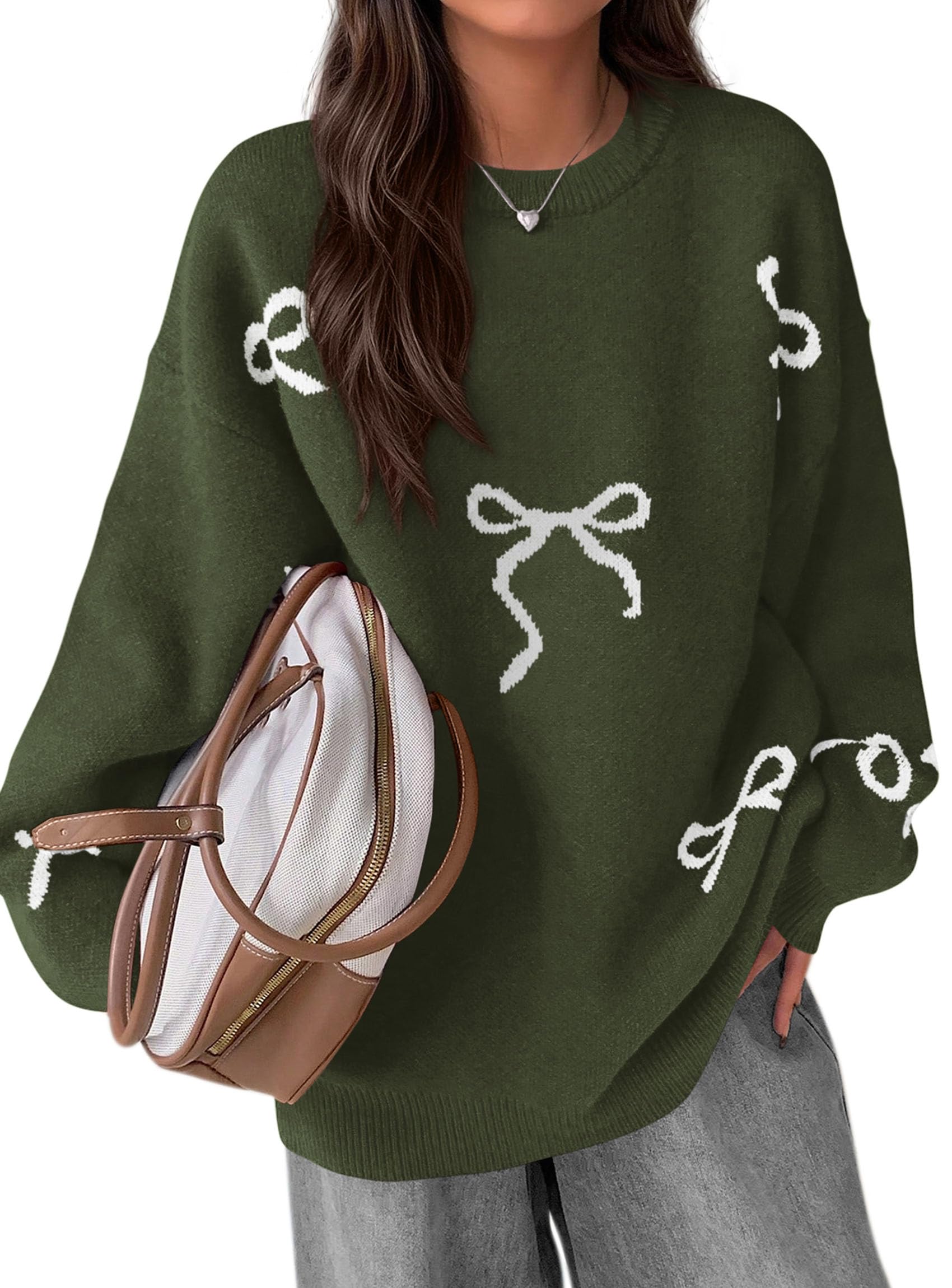 PRETTYGARDEN Fall Long Sleeve Pullover Sweaters for Women Trendy Crewneck Casual Cute Bow Chunky Knit Oversized Sweater