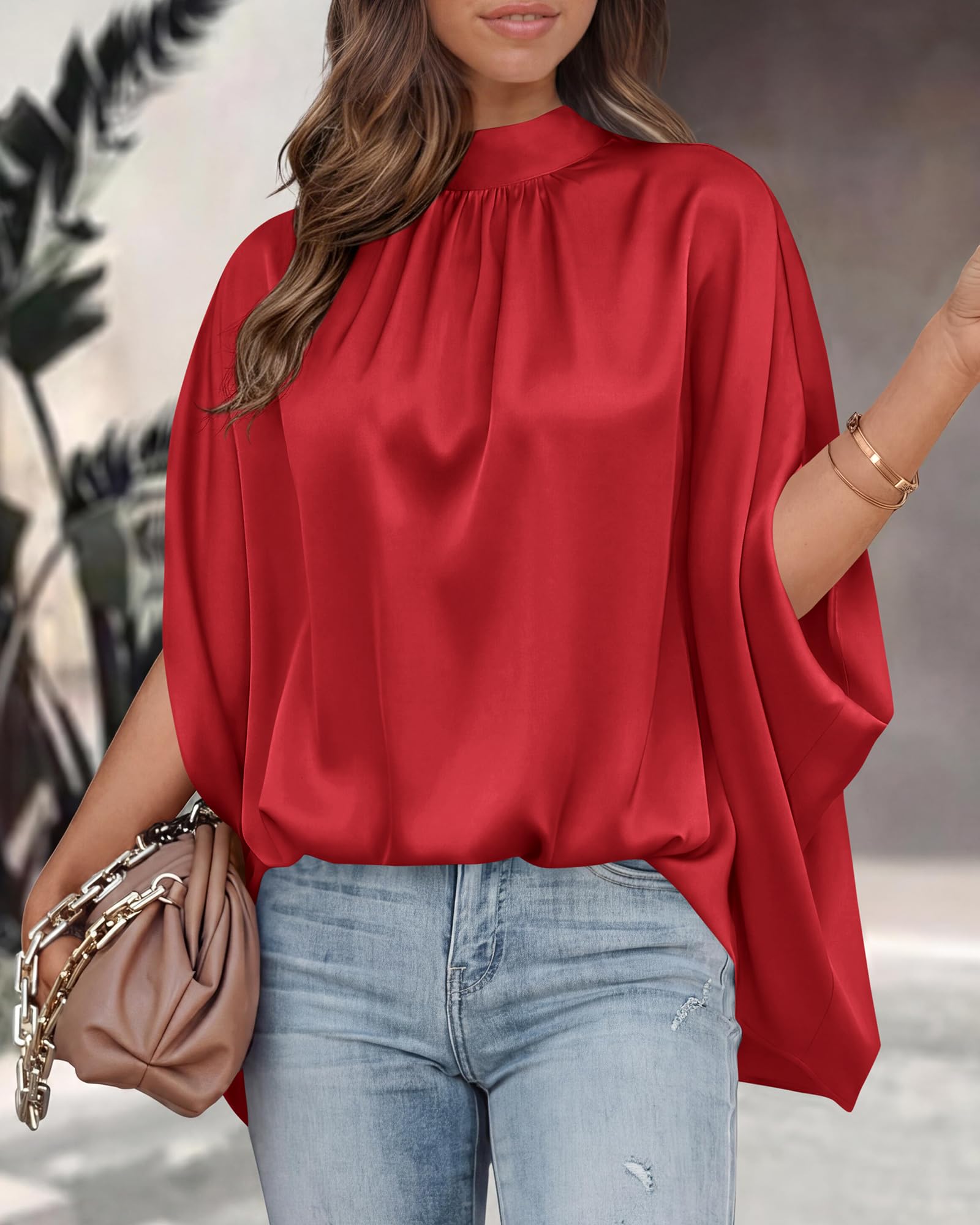 BTFBM Womens Summer Tops Mock Neck Batwing Sleeve Silk Satin Shirts Loose Oversized Dressy Casual Spring Blouses