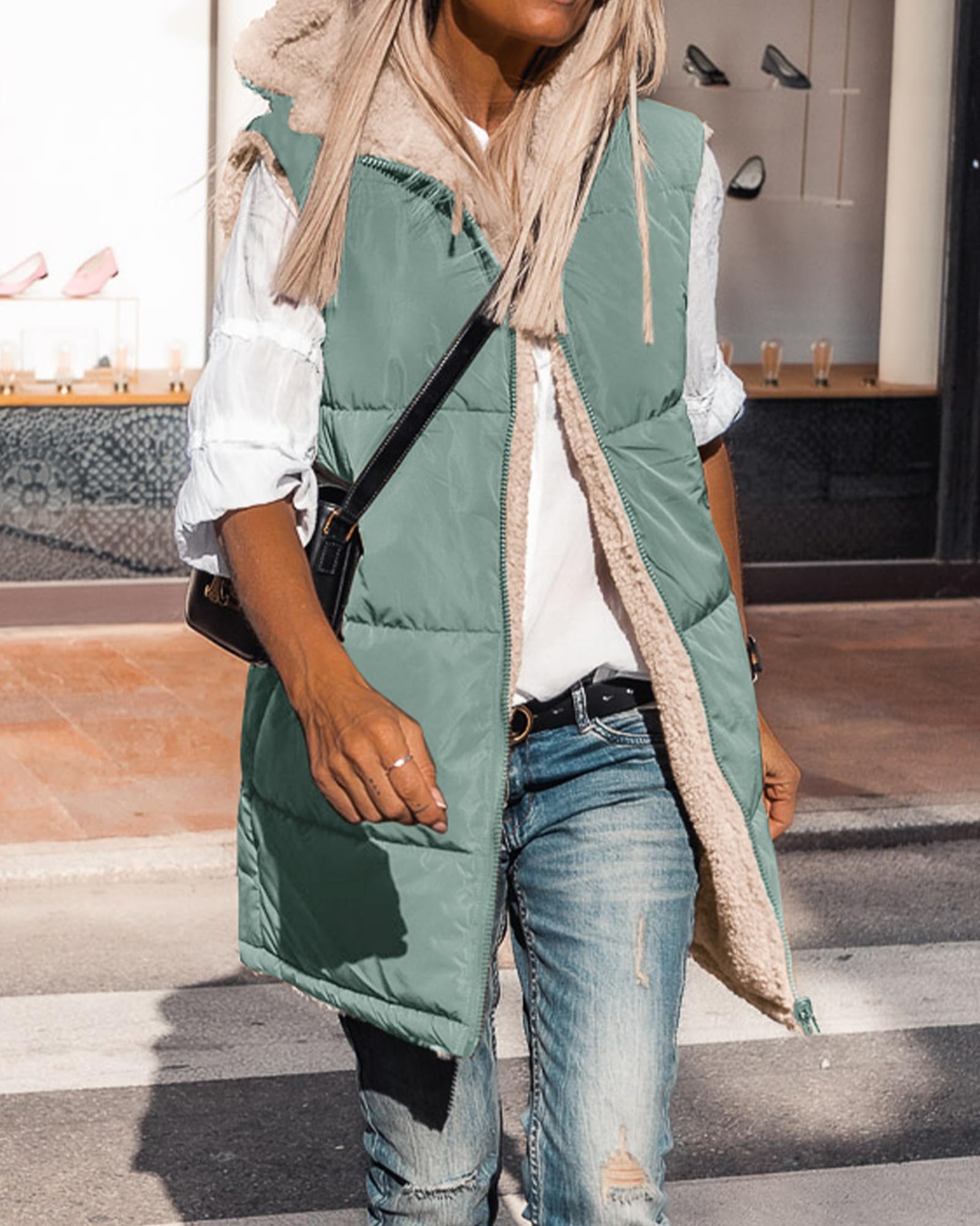 BTFBM Long Puffer Vest Women Fleece Sherpa Jacket Sleeveless Hooded Reversible Zip Up Winter Coat Fall Vests Outerwear