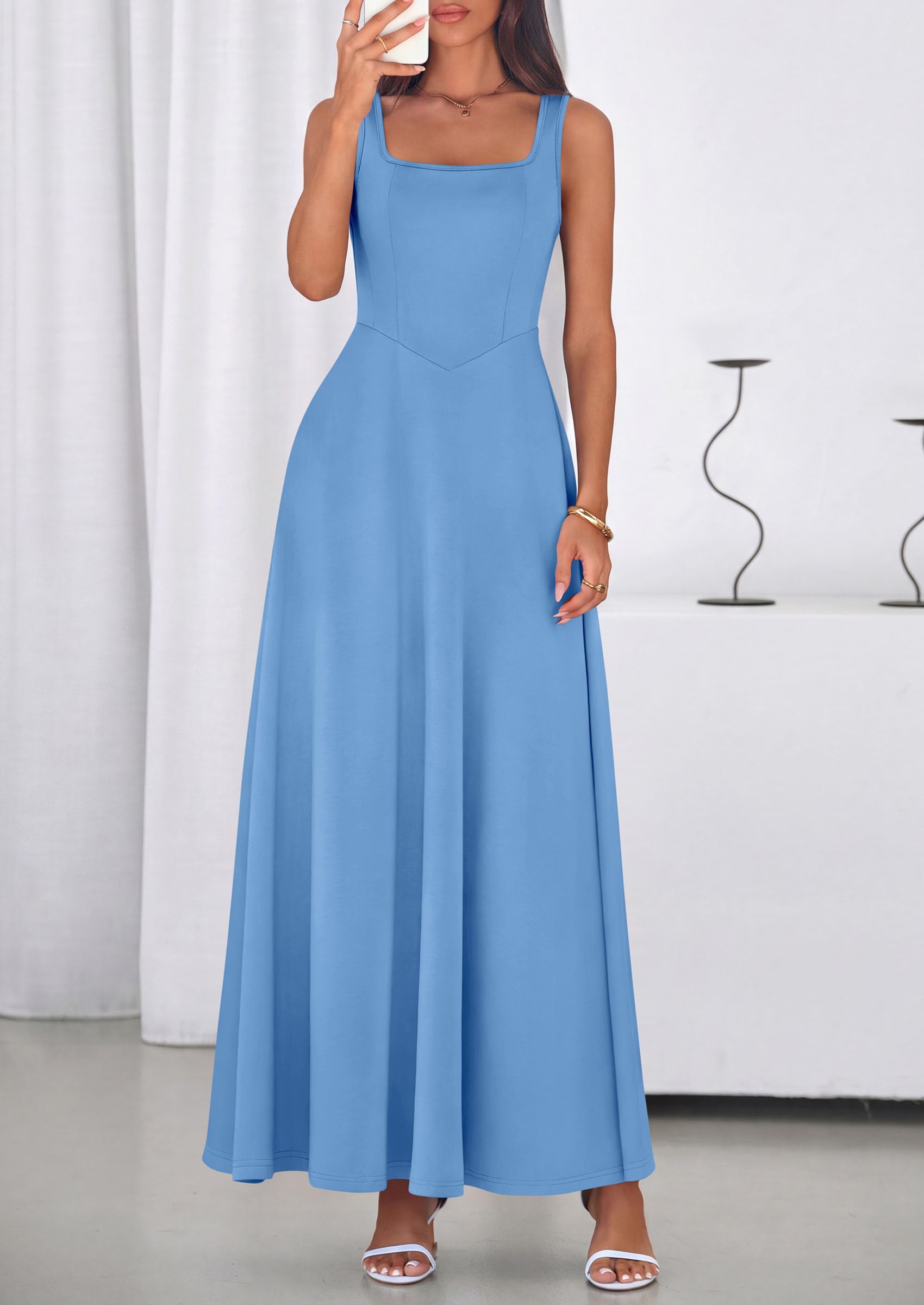 PRETTYGARDEN Womens Summer Dresses Sleeveless Elegant Square Neck Aline Swing Maxi Beach Wedding Guest Dress Pockets