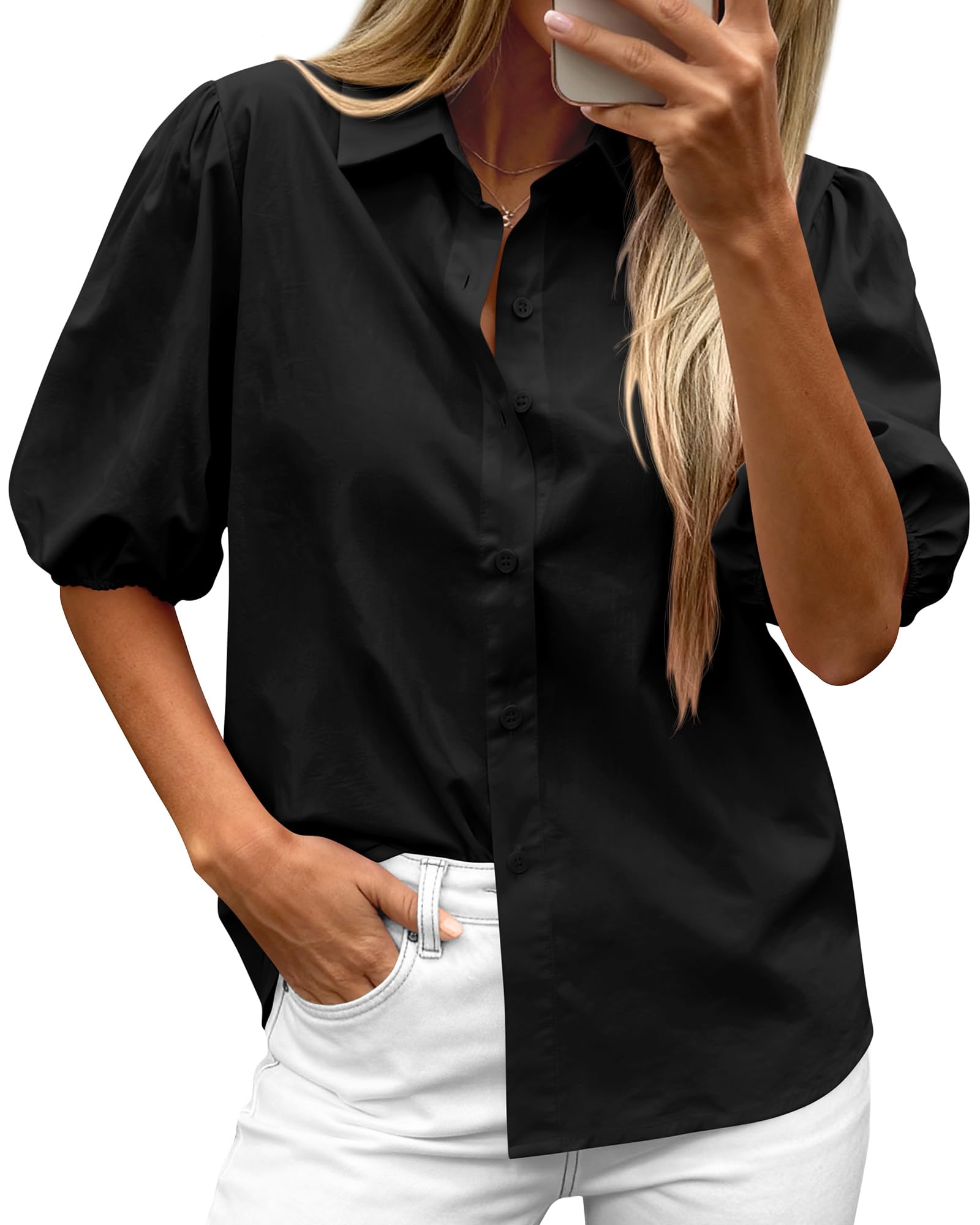BTFBM Women's Button Down Shirts Short Puff Sleeve Collared V Nec Summer Tops Dressy Casual Work Business Blouses