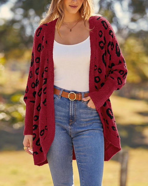 BTFBM Leopard Cardigan for Women Long Sleeve Open Front Cardigans Sweaters Pockets Loose Knit Fall Spring Outwear