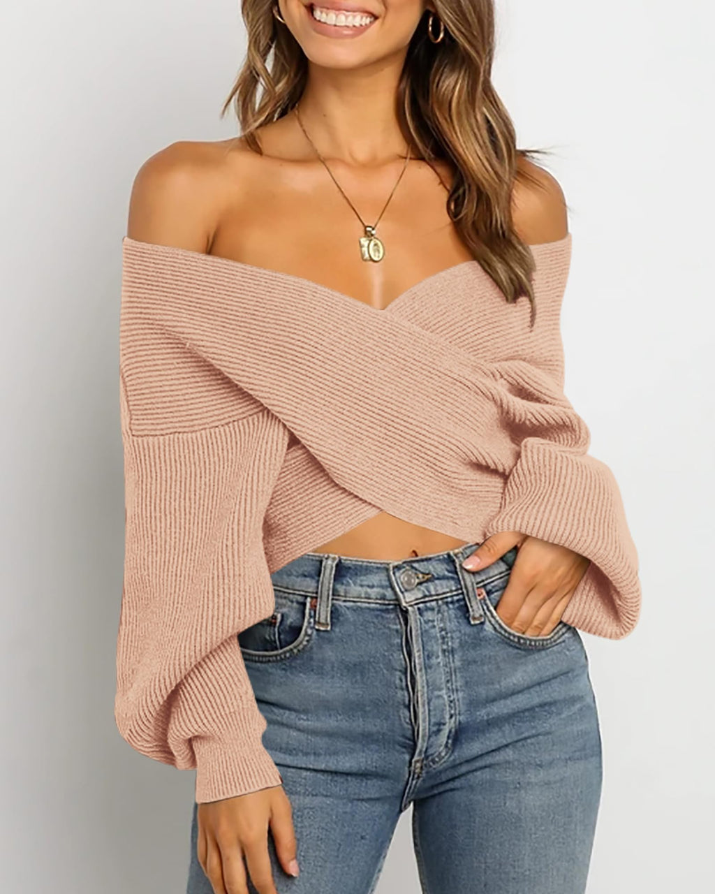 BTFBM Off The Shoulder Sweater for Women Winter Fall Fashion V Neck Long Sleeve Ribbed Knit Wrap Cropped Sweaters