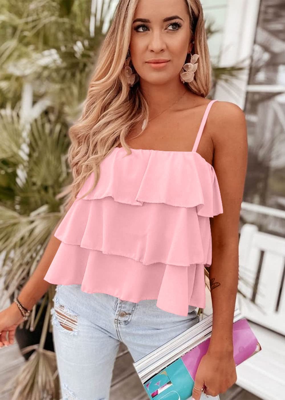 FreshPretty Spaghetti Strap Ruffle Babydoll Peplum Tank Tops for Women Summer Cute Flowy Beach Vacation Cruise Outfits