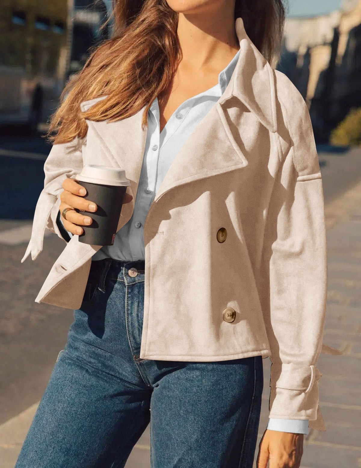 PRETTYGARDEN Women Faux Suede Double Breasted Trench Coat Cropped Jackets Raglan Long Sleeve,Lapel,Tie Cuff,Button Down,Fall Fashion Outerwear,Winter Clothes,Work Office Casual Short Jacket