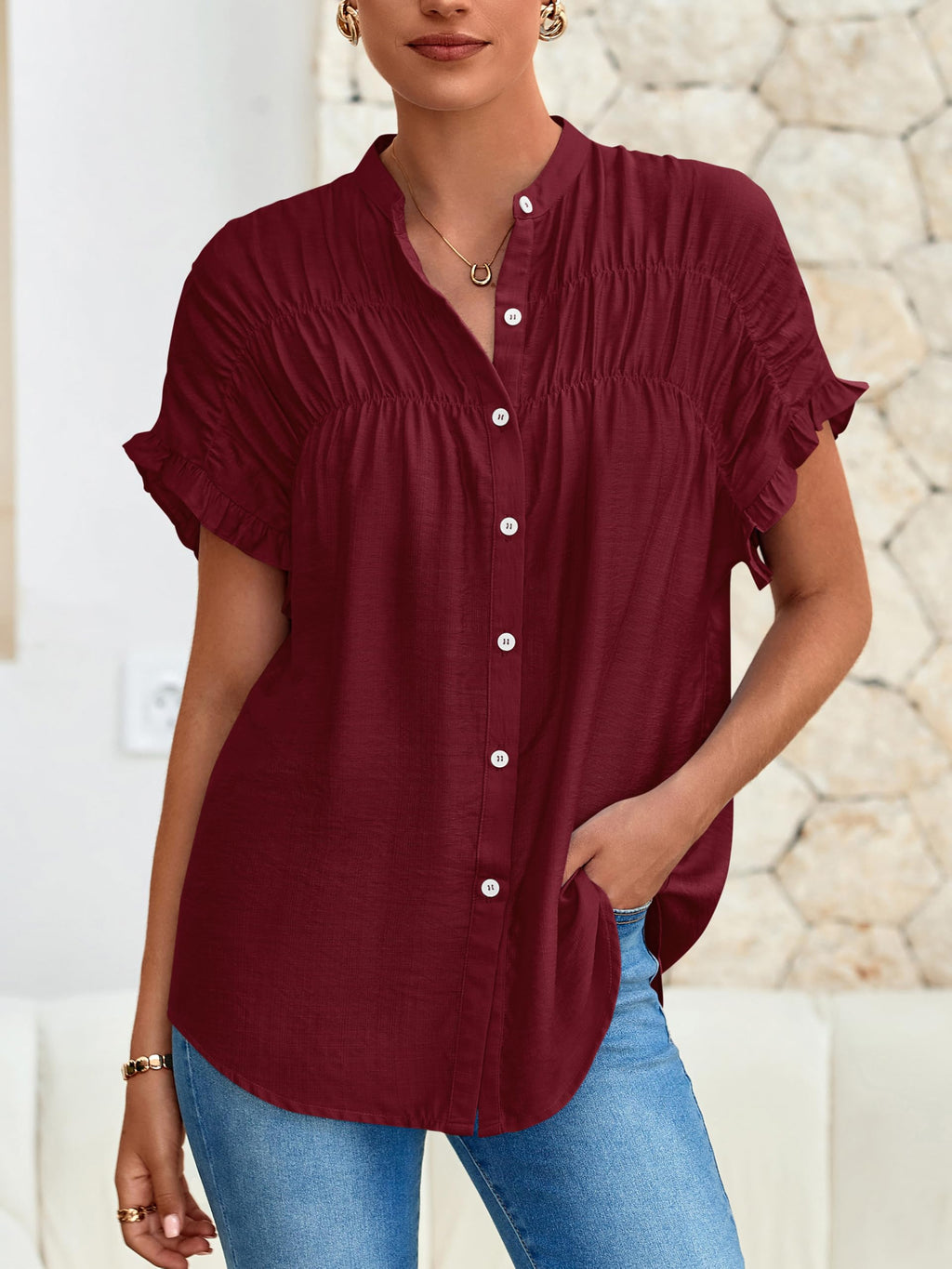 FreshPretty Womens Button Down Shirts Ruffle Short Sleeve Loose Summer Tops Dressy Casual V Neck Business Work Blouses