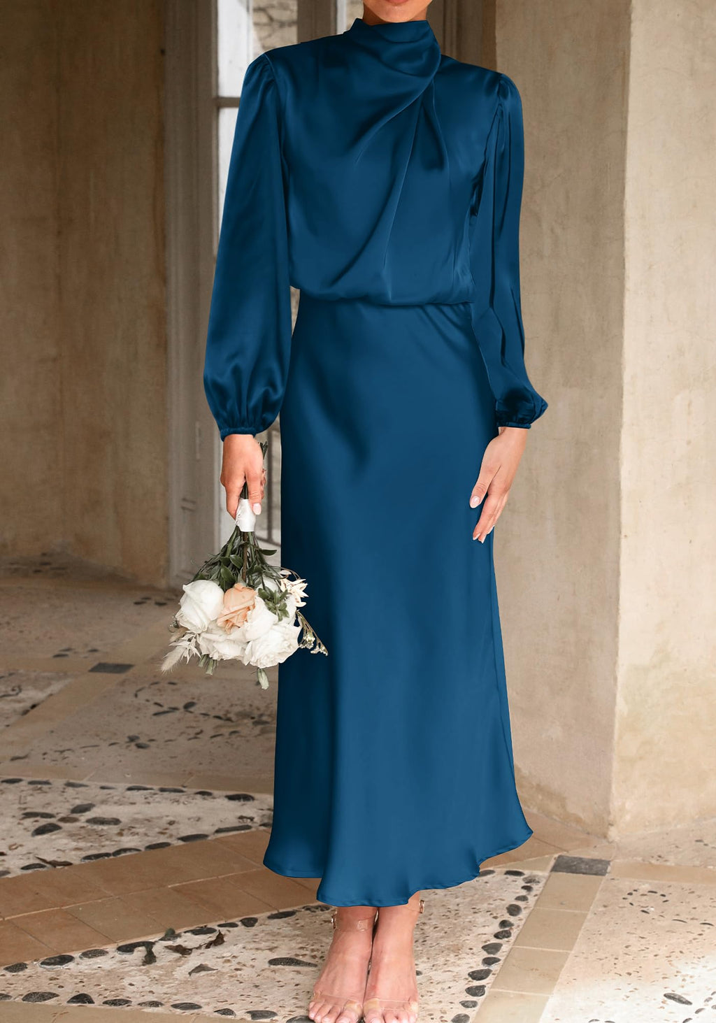 BTFBM Womens Mock Neck Satin Dress Spring Summer Long Sleeve Lightweight Formal Wedding Party Maxi Cocktail Dresses