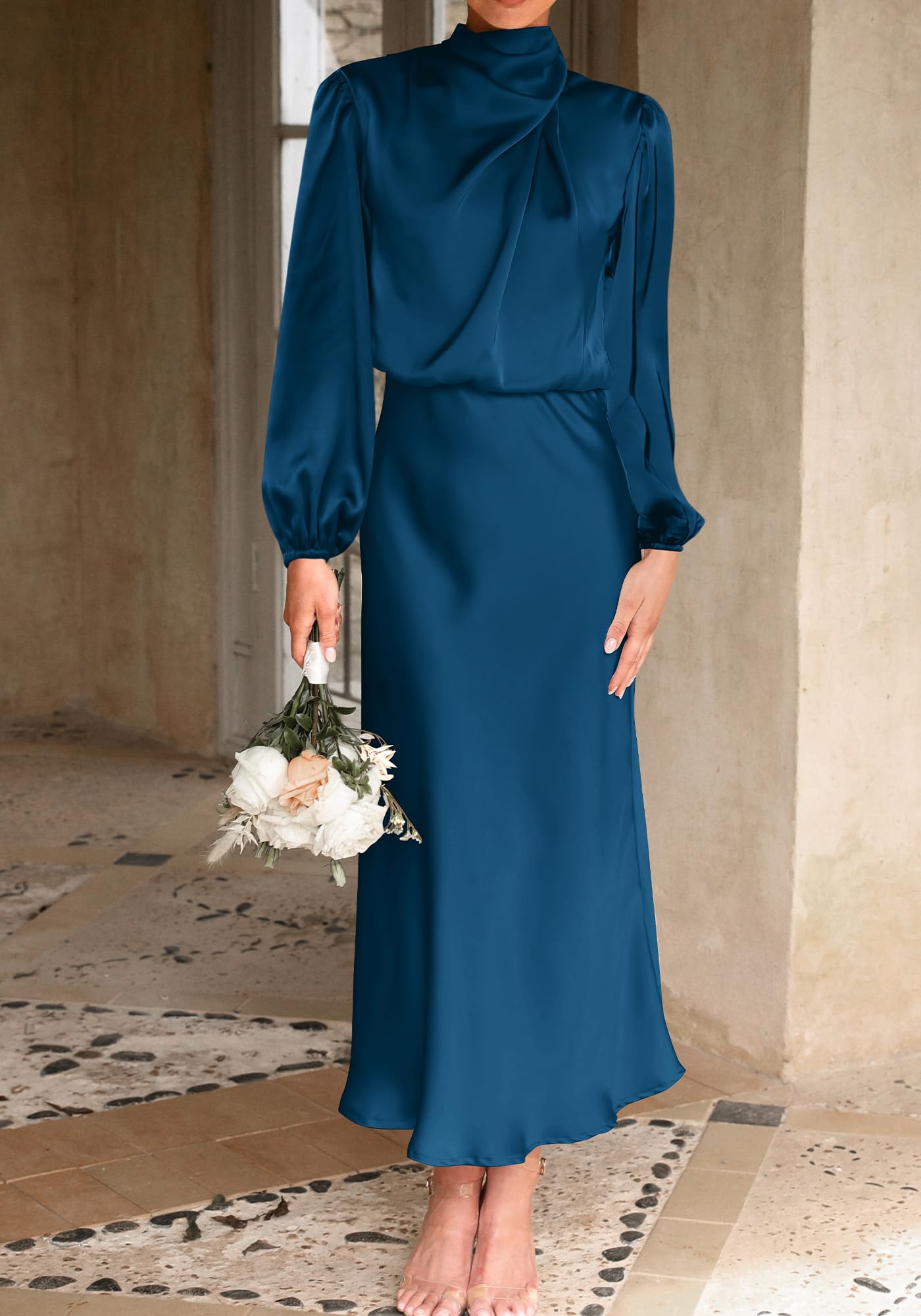 BTFBM Womens Mock Neck Satin Dress Spring Summer Long Sleeve Lightweight Formal Wedding Party Maxi Cocktail Dresses