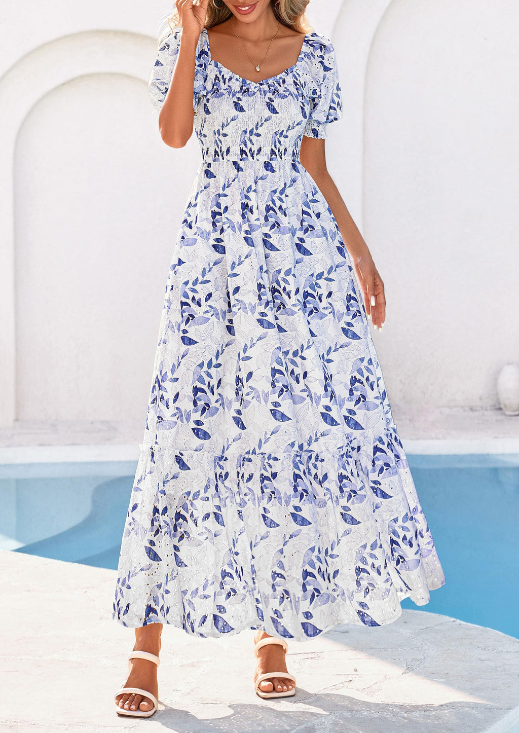 PRETTYGARDEN Women's Floral Boho Maxi Dresses Flowy Short Sleeve A Line Smocked Eyelet Summer Beach Vacation Clothes