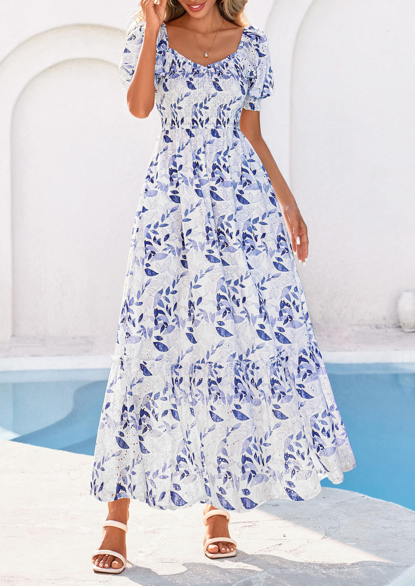 PRETTYGARDEN Women's Floral Boho Maxi Dresses Flowy Short Sleeve A Line Smocked Eyelet Summer Beach Vacation Clothes