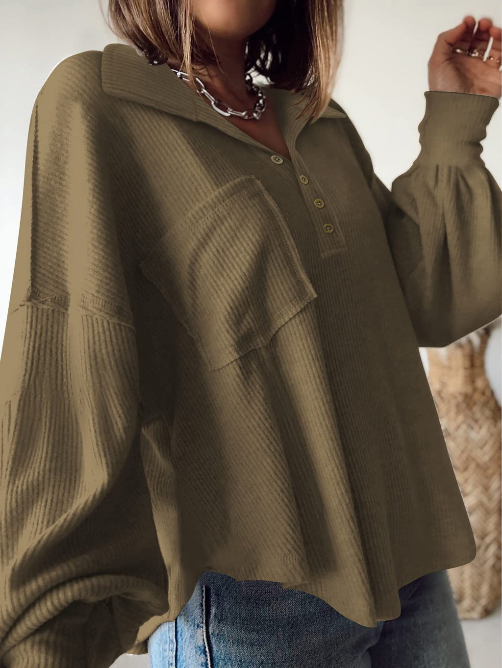 FreshPretty Womens Fall Fashion Long Sleeve Shirts Casual V Neck Ribbed Knit Blouses Pullover Trendy Loose Fit Tunic Tops