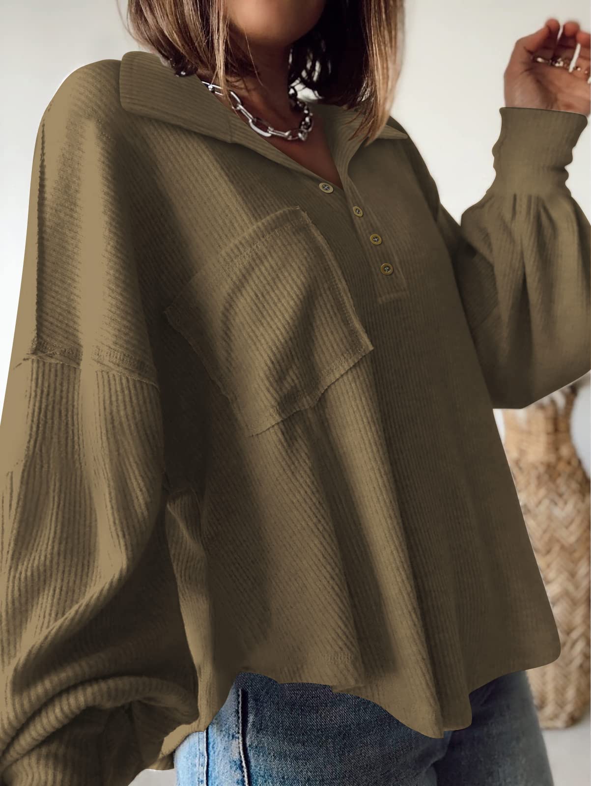 FreshPretty Womens Fall Fashion Long Sleeve Shirts Casual V Neck Ribbed Knit Blouses Pullover Trendy Loose Fit Tunic Tops