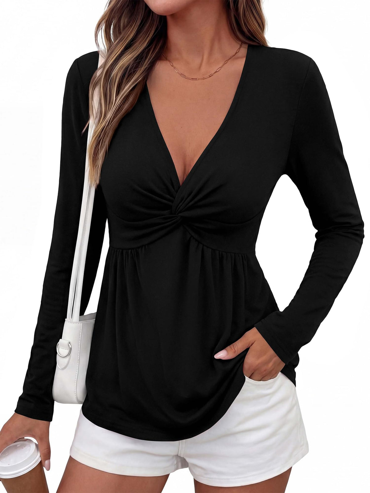 BTFBM Babydoll Tops for Women Fall Clothes Long Sleeve Shirts Peplum Top Twist Front Empire Waist V Neck Shirts, Fashion Clothing, Dressy Casual Blouses, Daily Wear Going Out Date Night Outfits
