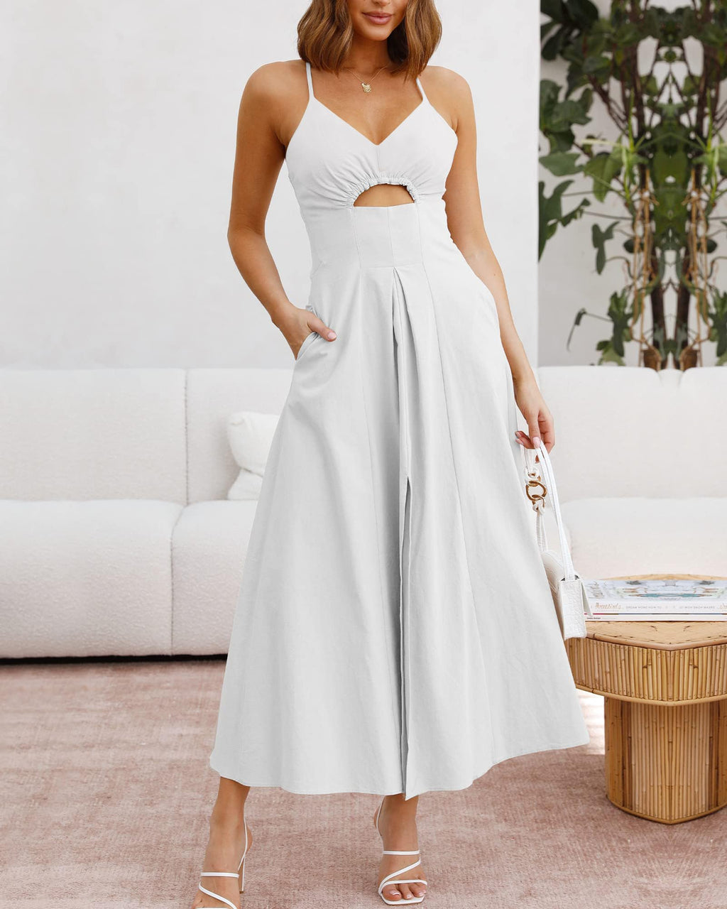 FreshPretty Women Summer Spaghetti Strap Midi Dress Sleeveless V Neck Cutout Slit Casual Beach Party Maxi Dresses Pockets