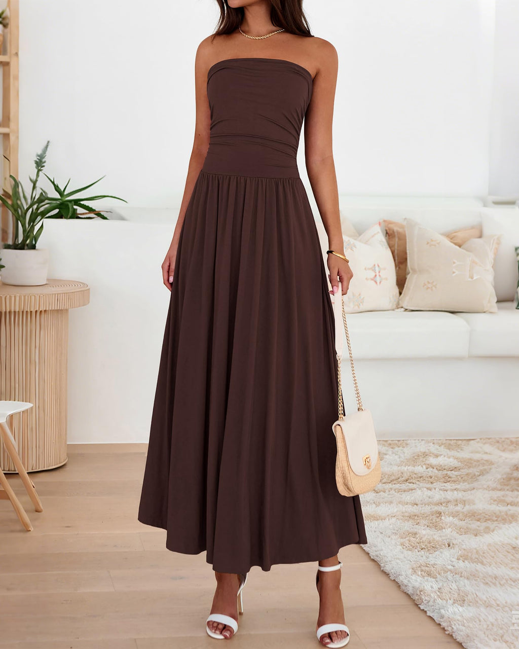 BTFBM Summer Maxi Dresses for Women Strapless Ruched Tube Top Beach Vacation Spring Wedding Guest Dress Pockets