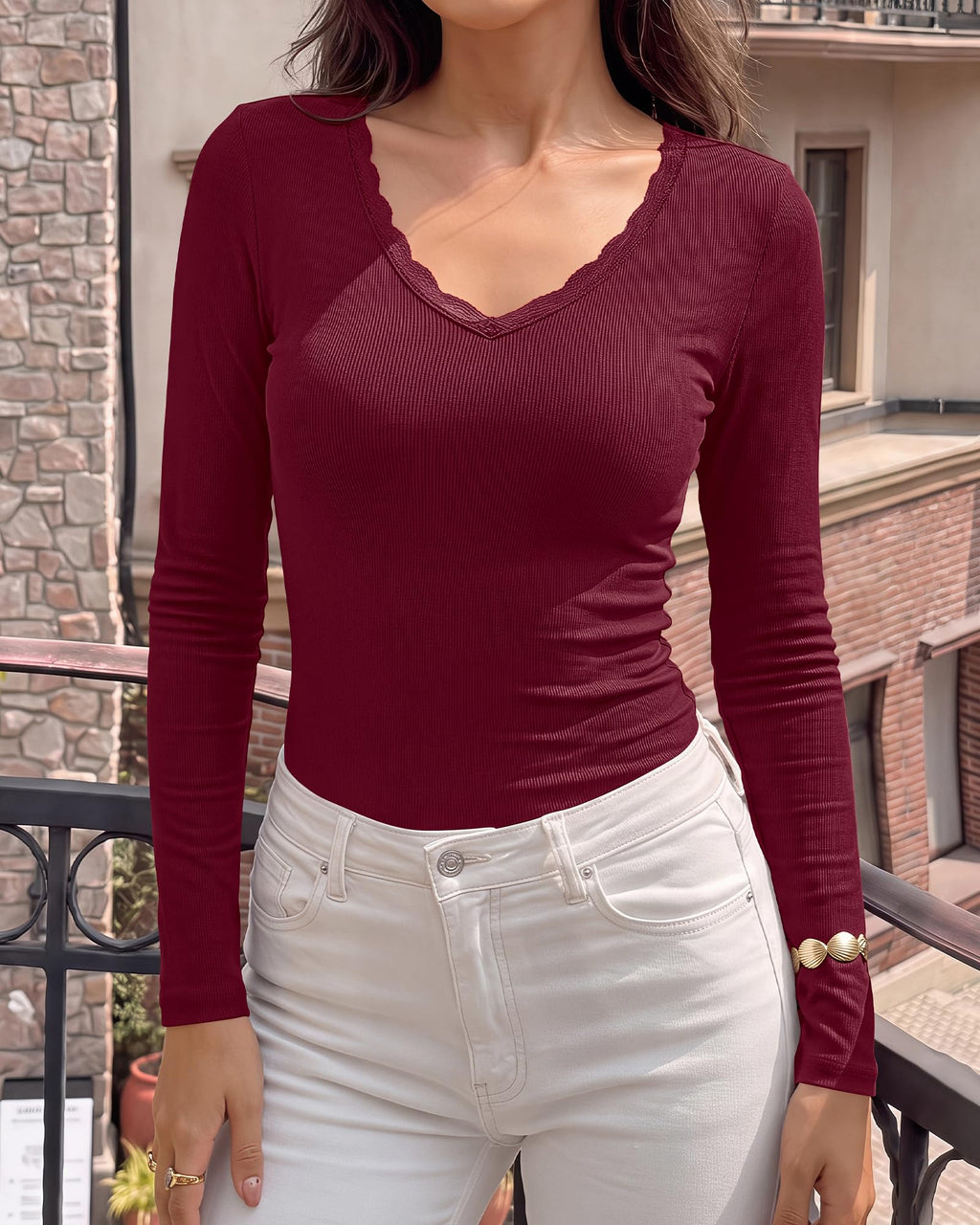 BTFBM Lace Deep V Neck Fitted Long Sleeve Shirts for Women | Womens Fall Fashion, Casual T Shirt, Base Layer, Basic Undershirts, Slim Fit Going Out Tops, Date Night Out Outfits