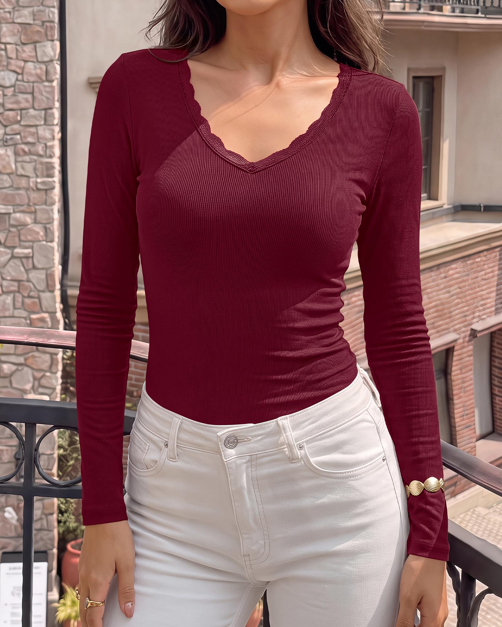 BTFBM Lace Deep V Neck Fitted Long Sleeve Shirts for Women | Womens Fall Fashion, Casual T Shirt, Base Layer, Basic Undershirts, Slim Fit Going Out Tops, Date Night Out Outfits