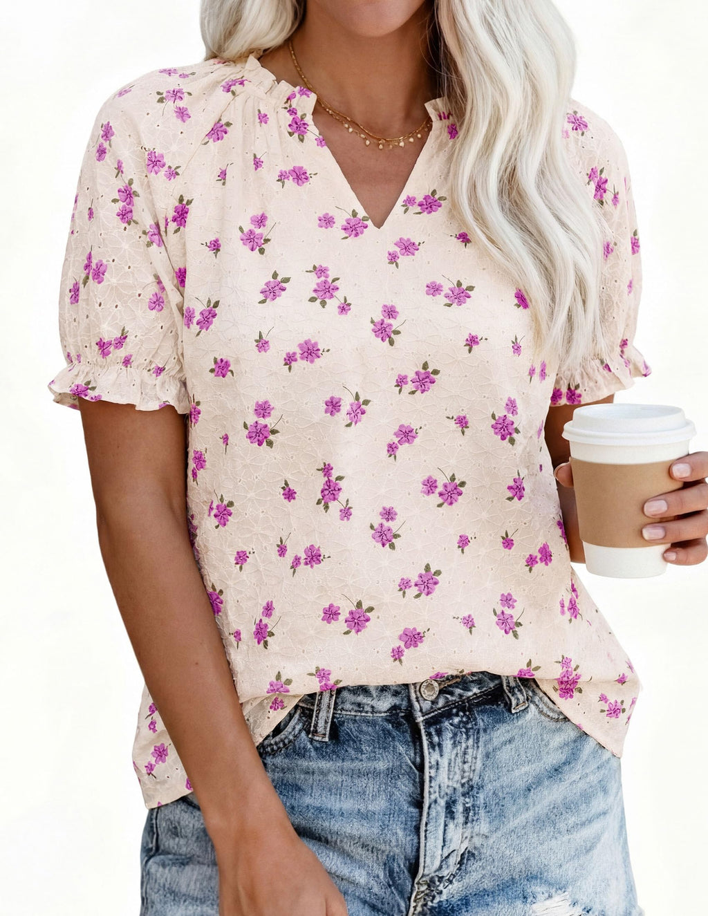 PRETTYGARDEN Summer Short Sleeve V Neck Shirts for Women Trendy Floral Print Loose Ruffle Tops Business Casual Blouses